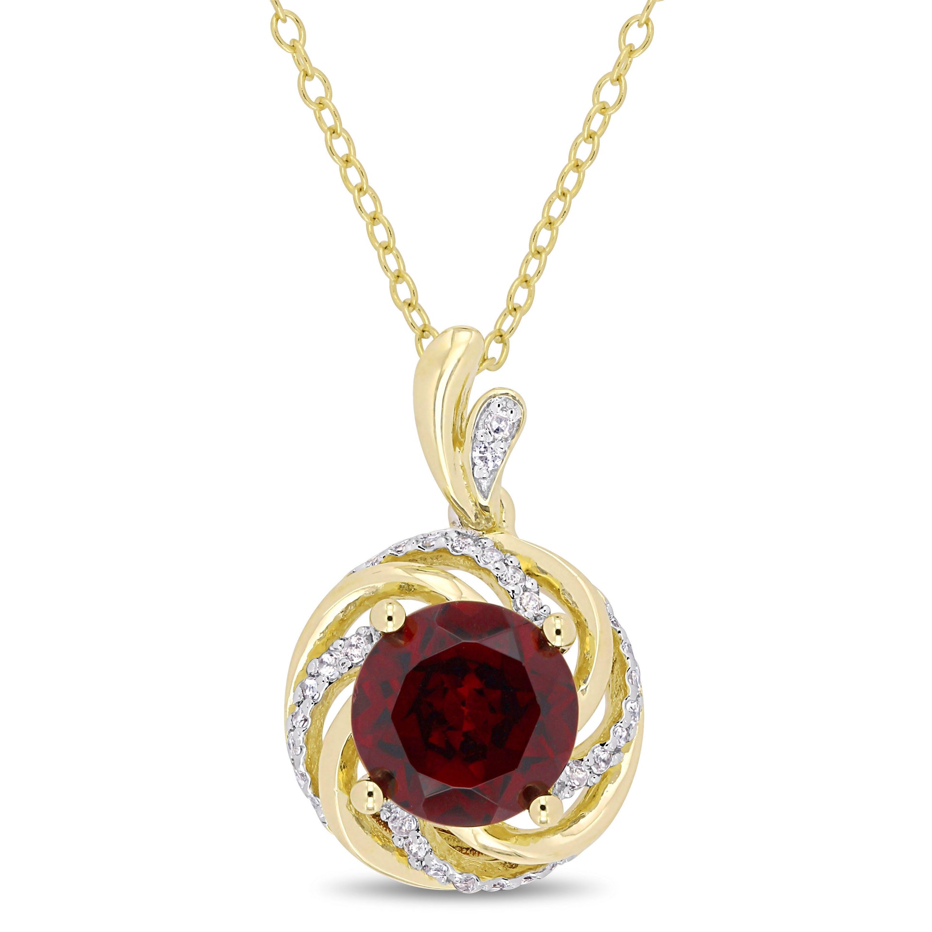 2 1/7 CT TGW Garnet White Topaz and Diamond Swirl Pendant with Chain in Yellow Plated Sterling Silver