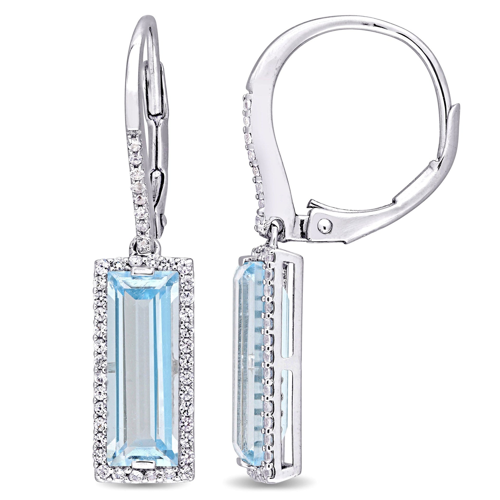 Mimi & Max 6 1/2ct TGW Baguette Cut Blue Topaz and White Sapphire Halo Earrings in Sterling Silver