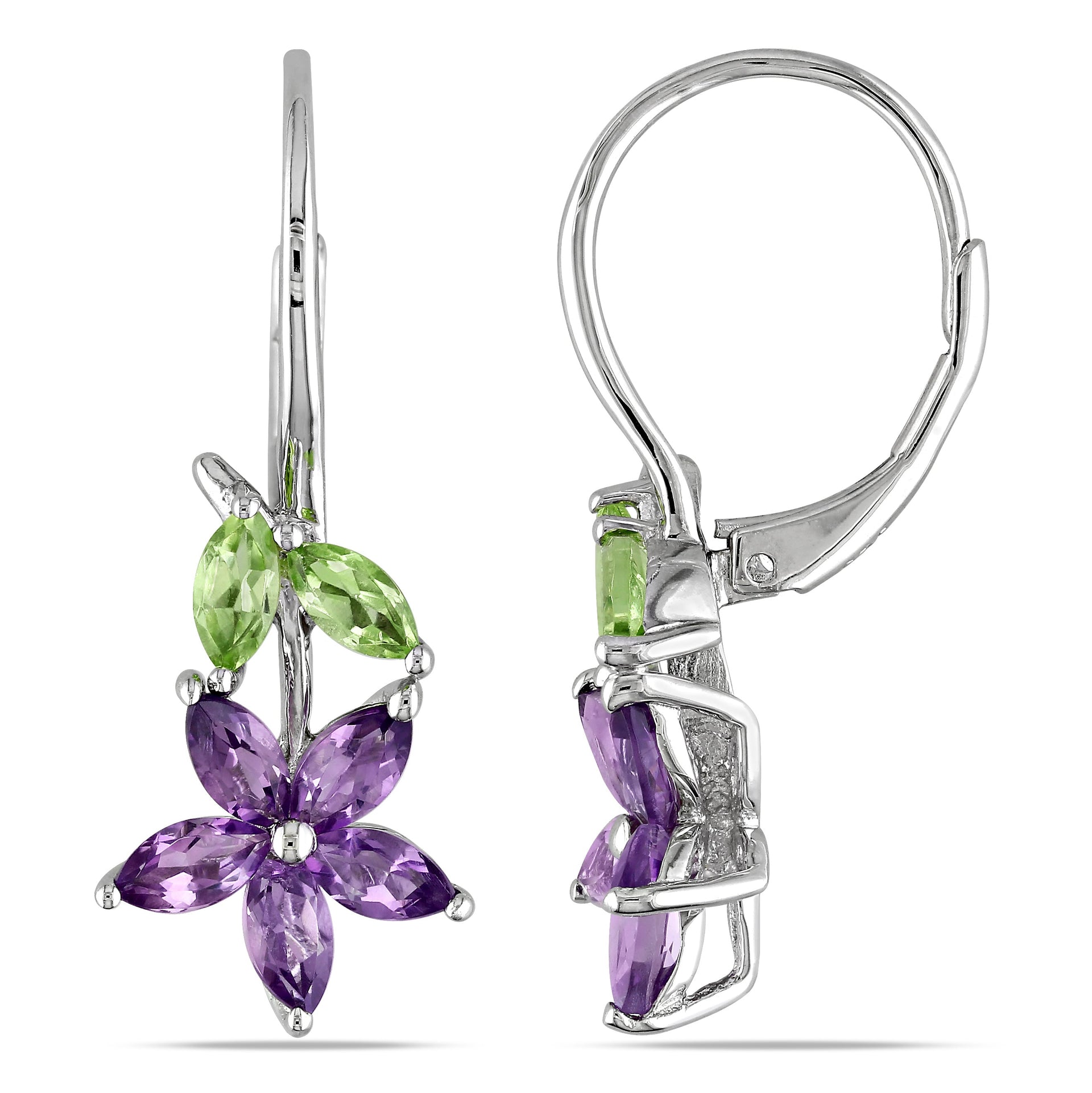 1 4/5ct TW Amethyst and Peridot Floral Leverback Earrings in Sterling Silver