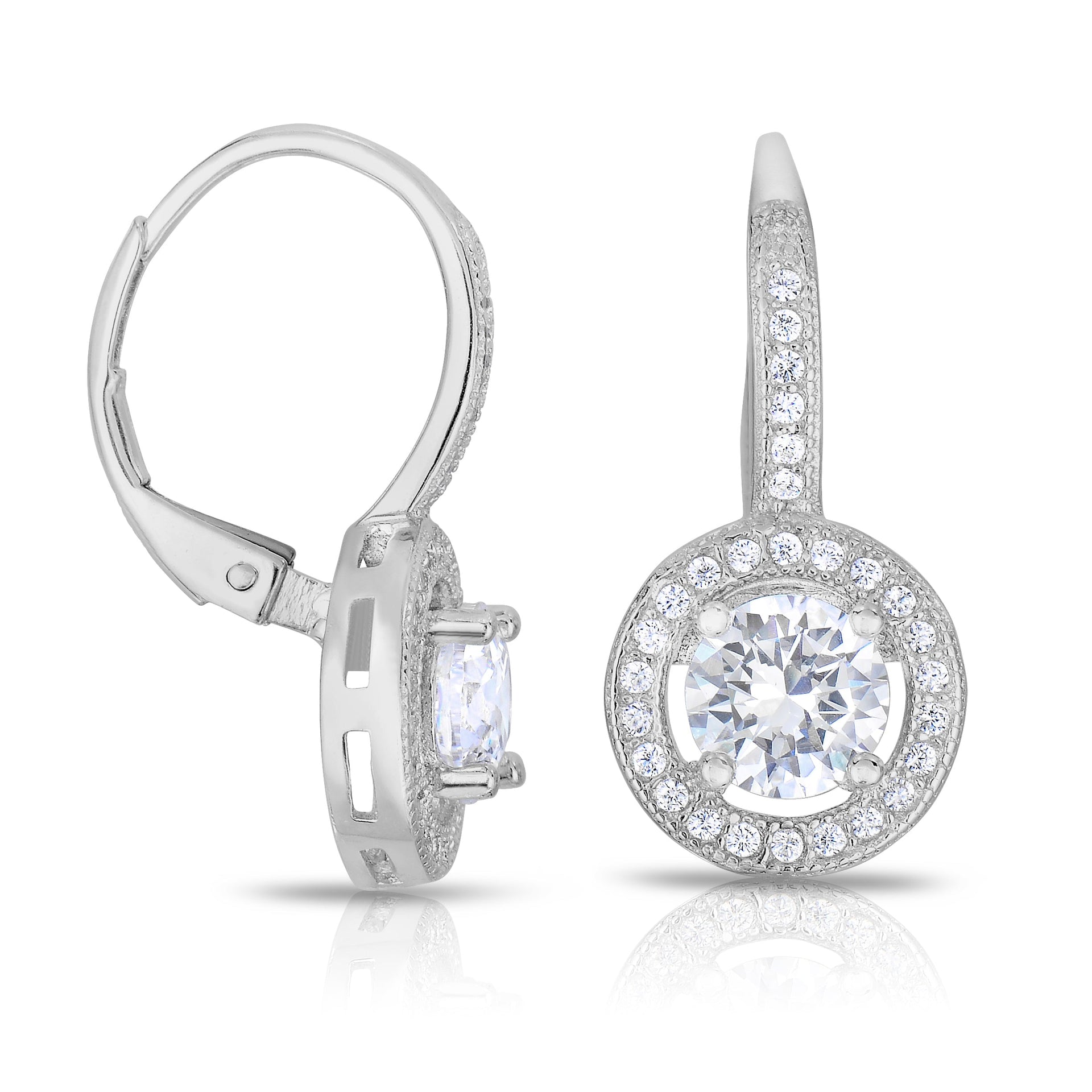 C.z. Sterling Silver Rhodium Plated Round Drop Stud Earrings