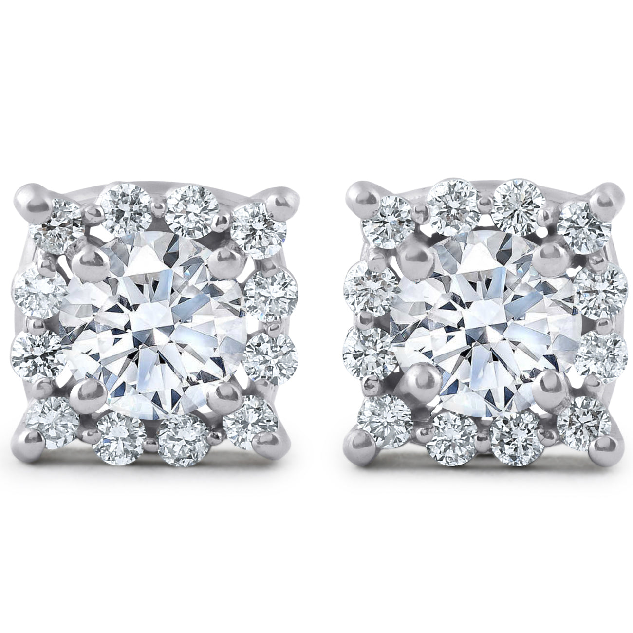1 3/8 ct Cushion Halo Diamond Studs 14K White Gold