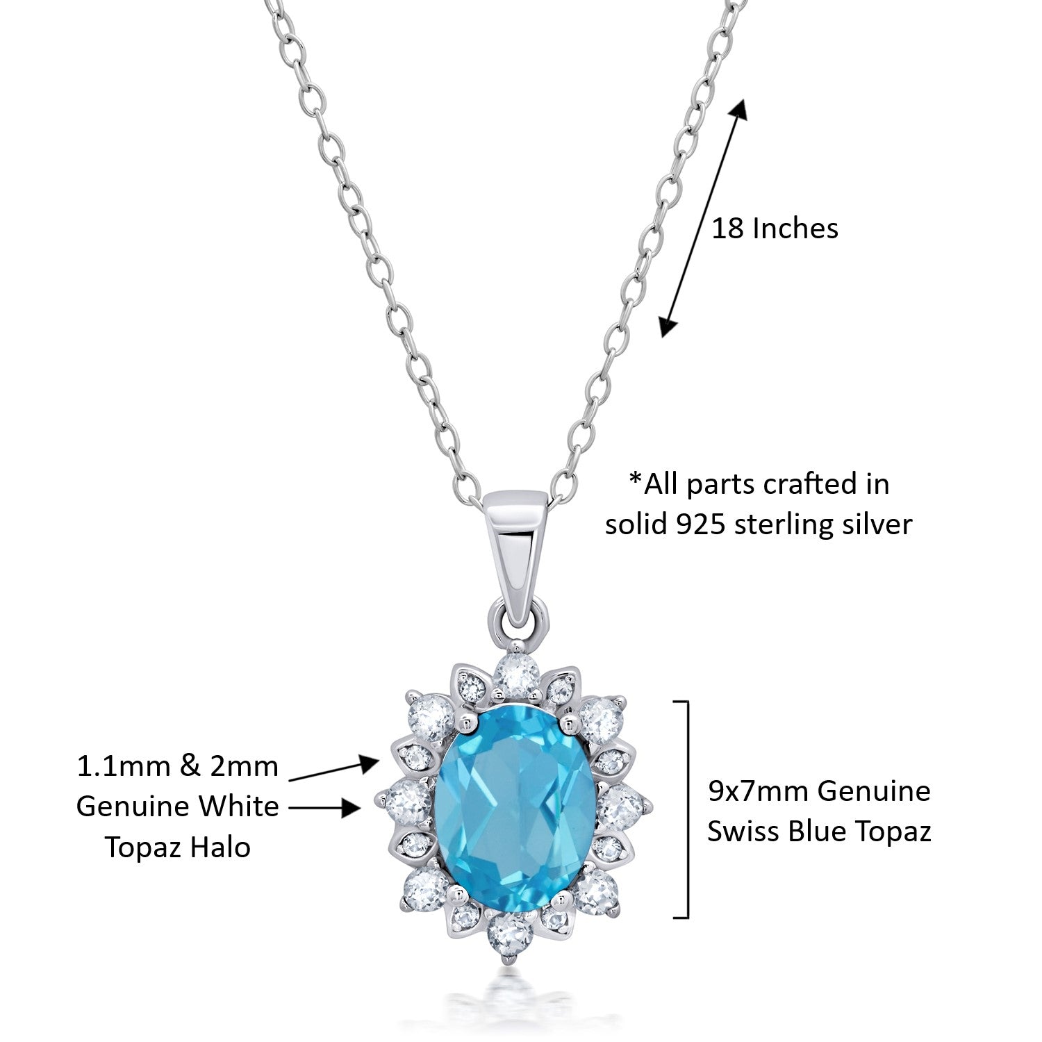 Sterling Silver Gemstone Oval Pendant Necklace with White Topaz Sunburst Halo 9mm x 7mm with 18 Inch Cable Chain