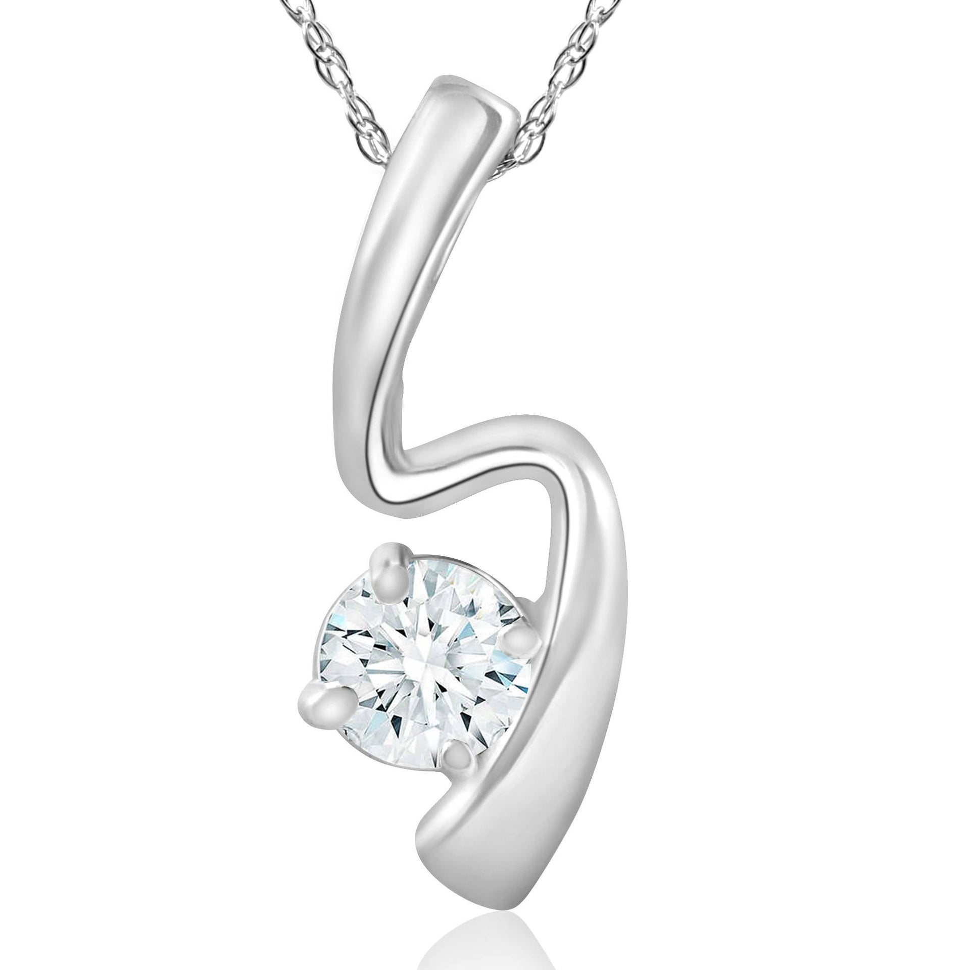 1/2 ct Solitaire Round Diamond 14k White Gold Curved Pendant & 18' Chain