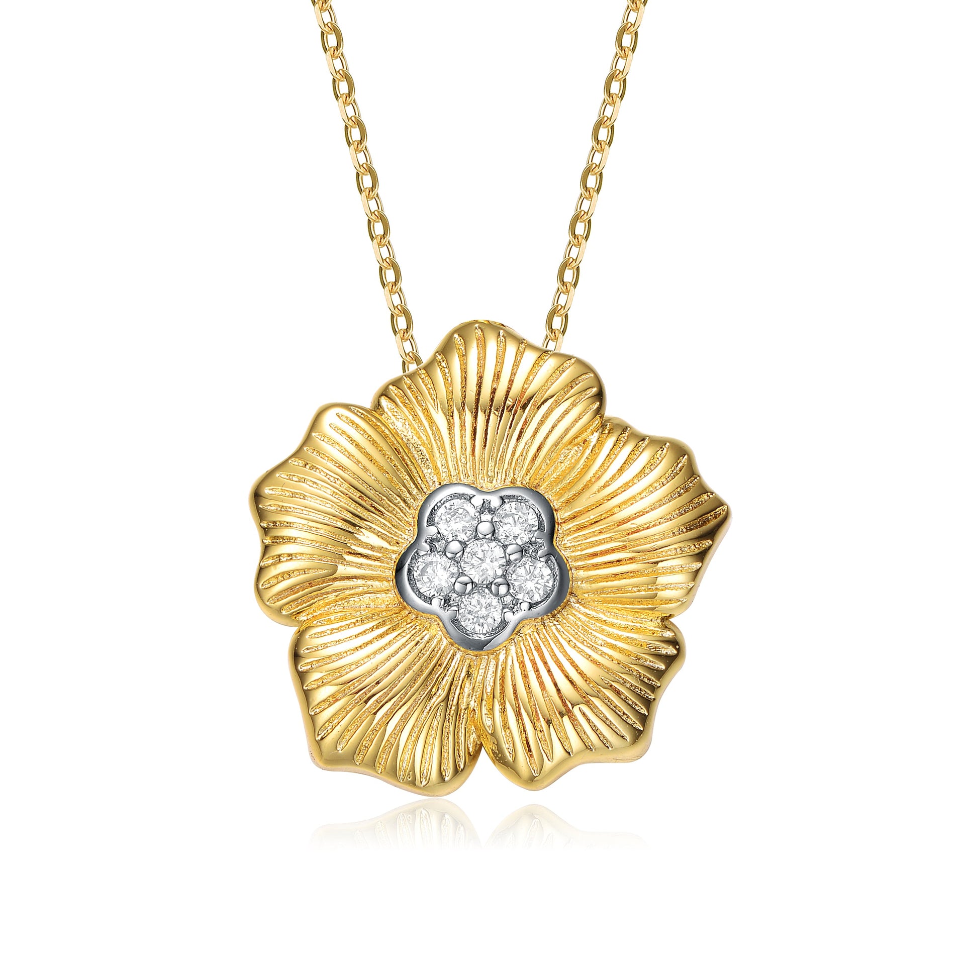 Rhodium And 14k Gold Plated Cubic Zirconia Floral Pendant