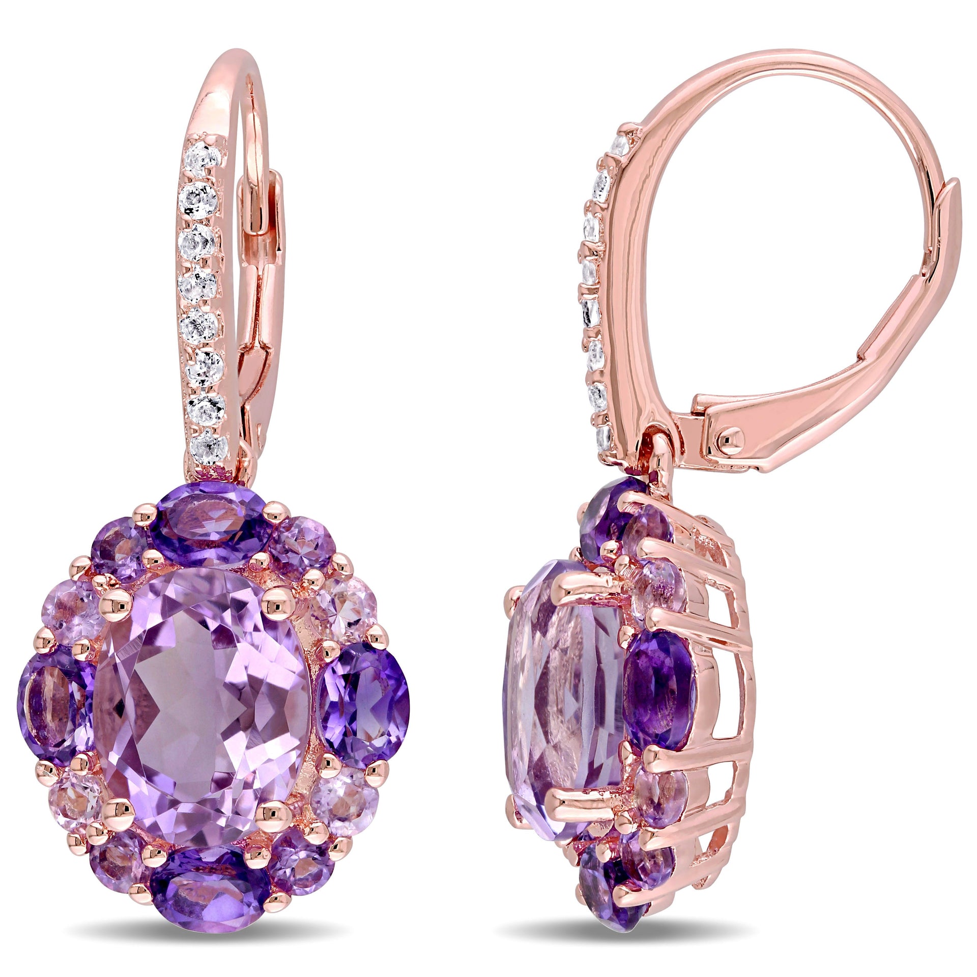 5 1/2 ct TW Amethyst-White Topaz and Rose de France Floral Leverback Earrings in Rose Silver
