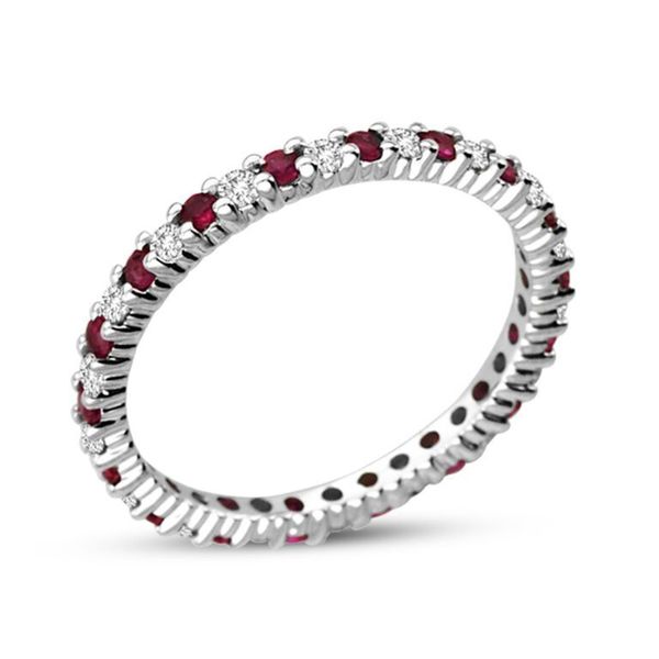 Suzy Levian 14K White Gold Diamond Sapphire Ruby Emerald 3-piece Eternity Band Ring Set