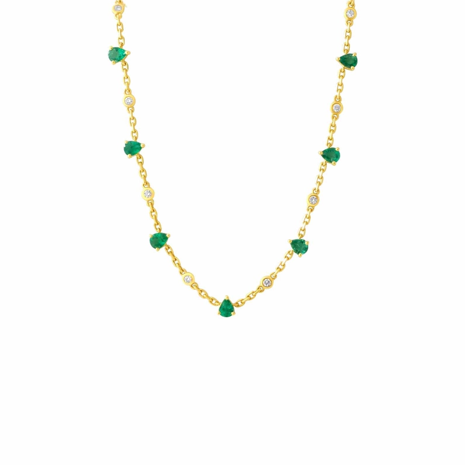 Gold Bezel Diamond Pear Emerald Necklace