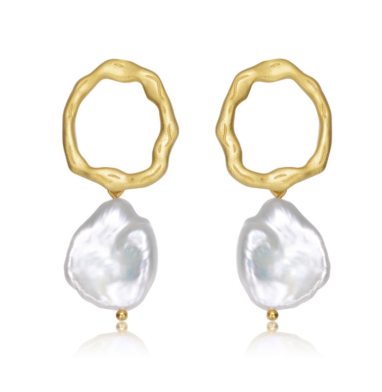 Sterling Silver 14k Gold Plated With Genuine Freshwater Pearl Drop Round Earrings