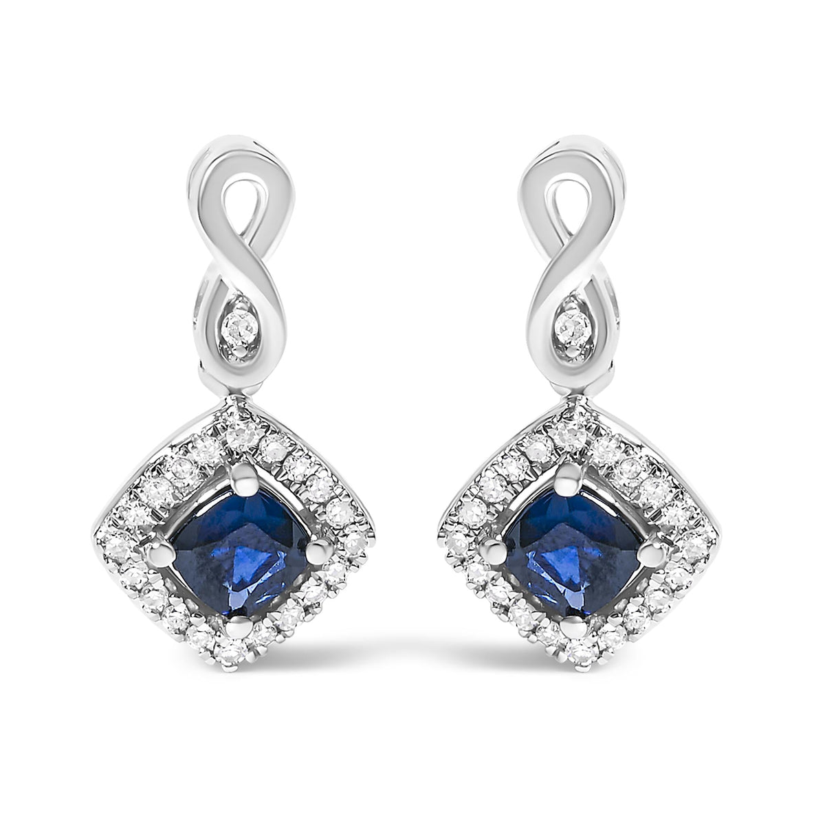 10K White Gold Blue Sapphire and Diamond Halo Cushion Shaped Drop Earrings (I-J Color, I1-I2 Clarity)