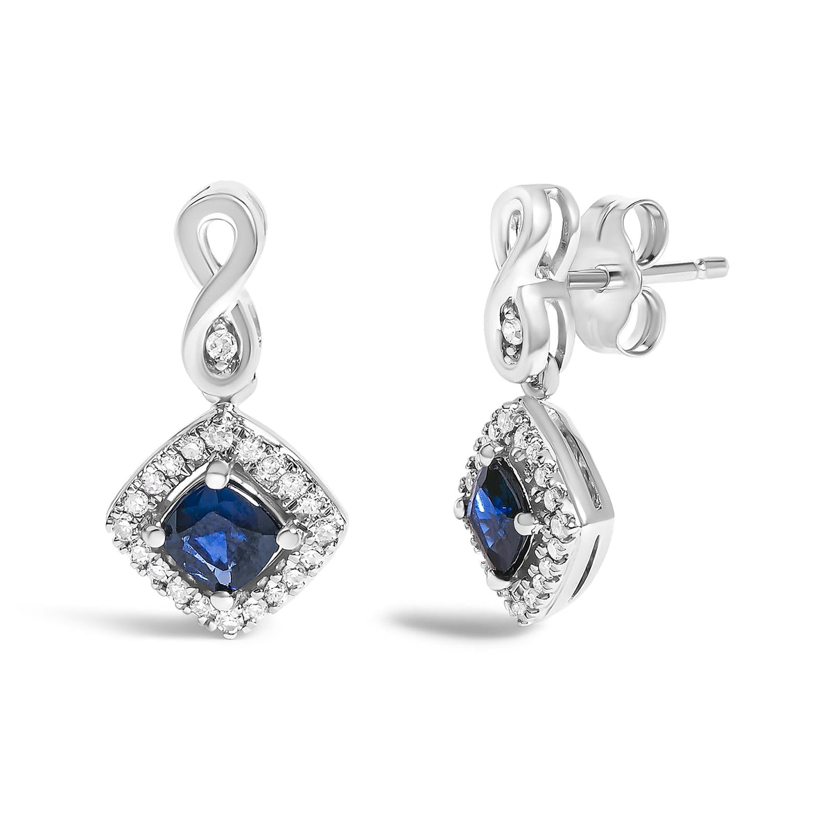10K White Gold Blue Sapphire and Diamond Halo Cushion Shaped Drop Earrings (I-J Color, I1-I2 Clarity)