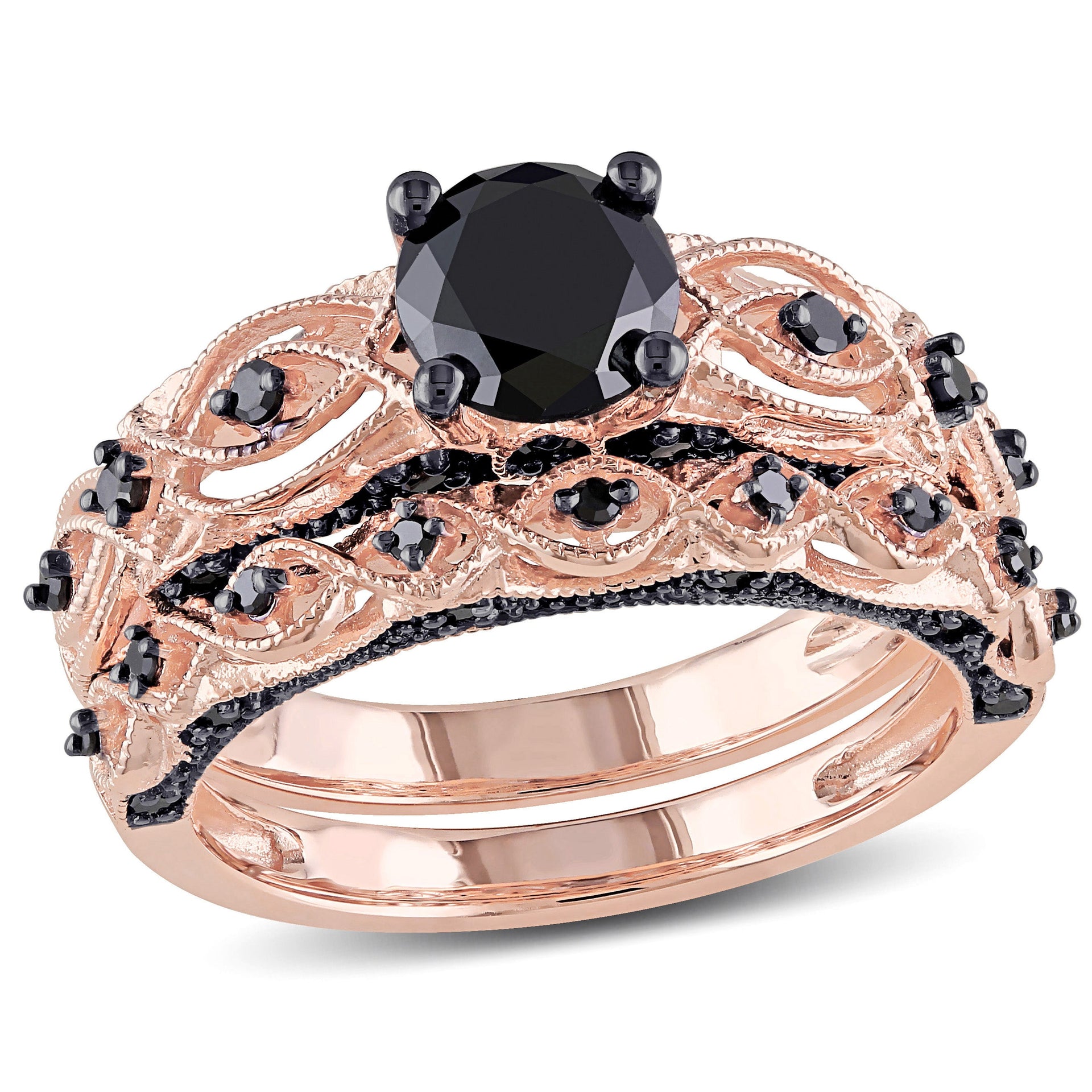 1 3/8 ct TW Black Diamond Bridal Set in 10k Rose Gold with Black Rhodium