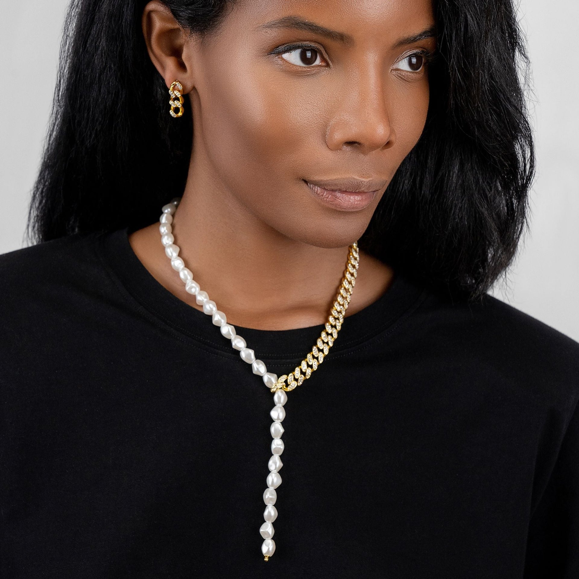 Half And Half Pearl Lariat Chain Neckalce gold