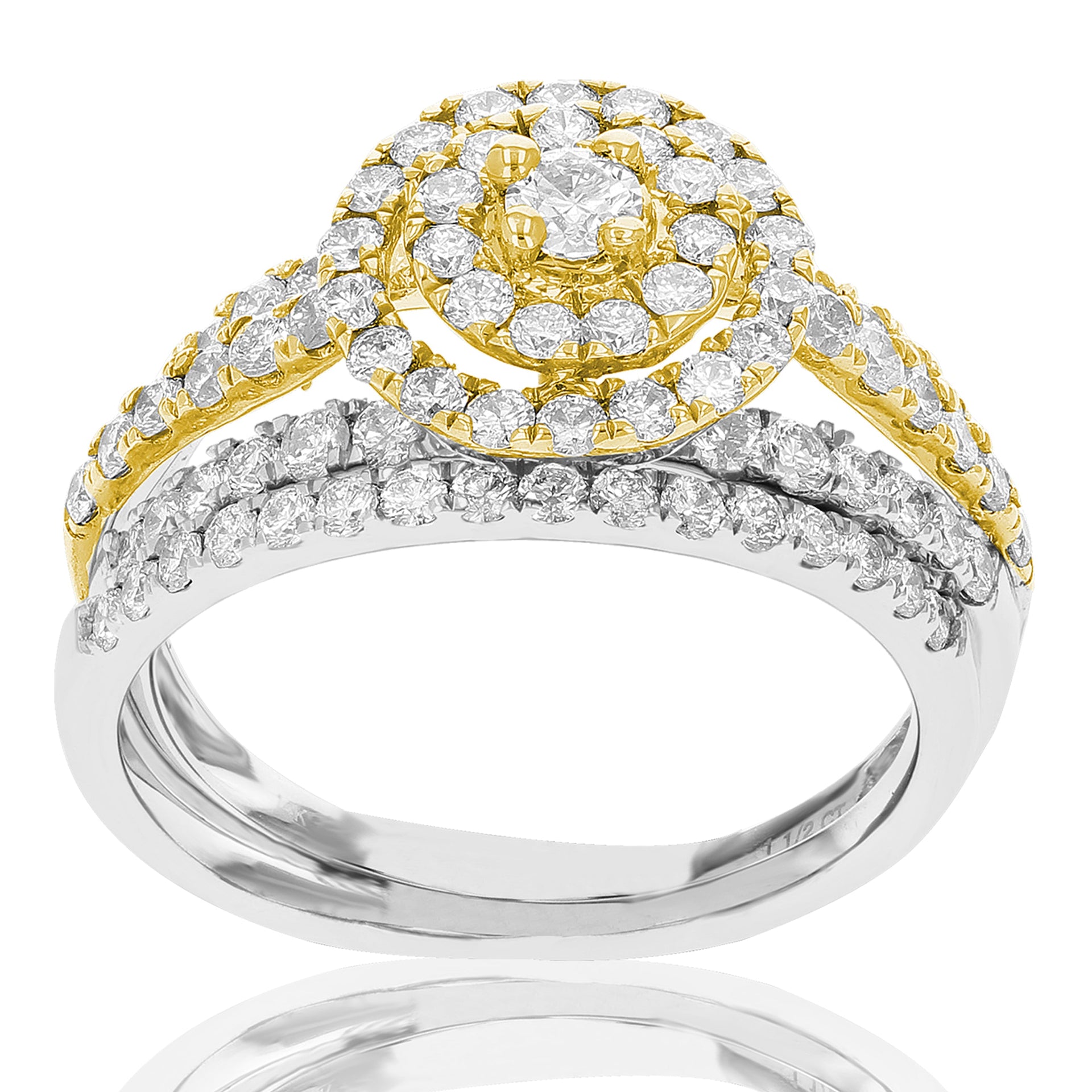 1.50 Cttw Diamond Wedding Engagement Ring Set 14K White Yellow Gold Halo