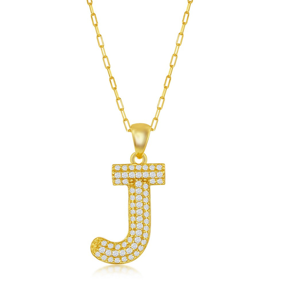Sterilng Silver Micro Pave CZ 'J' Block Initial w/ Paperclip Chain - Gold Plated