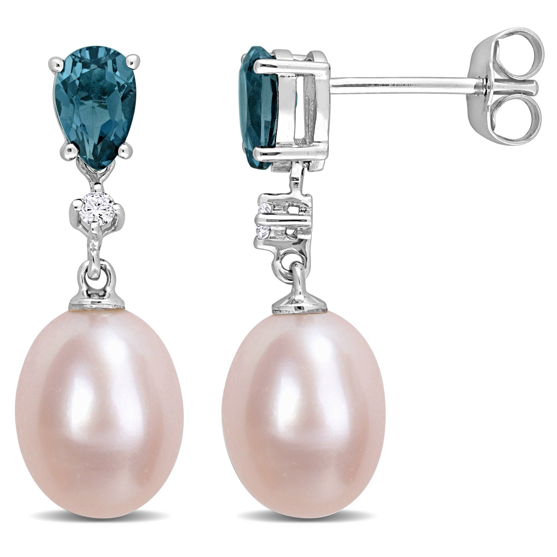 8-8.5mm Cultured Freshwater Pink Pearl 1ct TW Pear-Cut Blue Topaz and Diamond Accent Drop Earrings in 10k White Gold