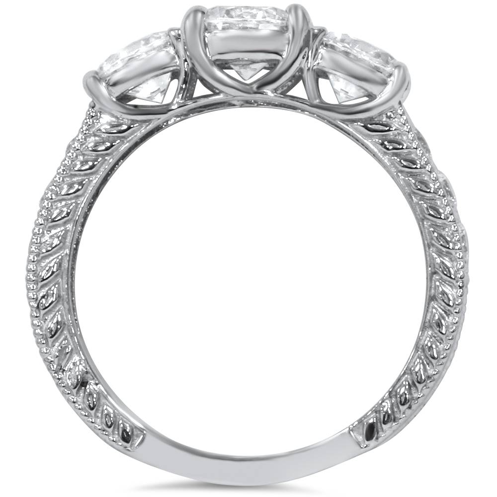 1 1/2 CT Vintage Three Stone Round Diamond Engagement Ring 14K White Gold