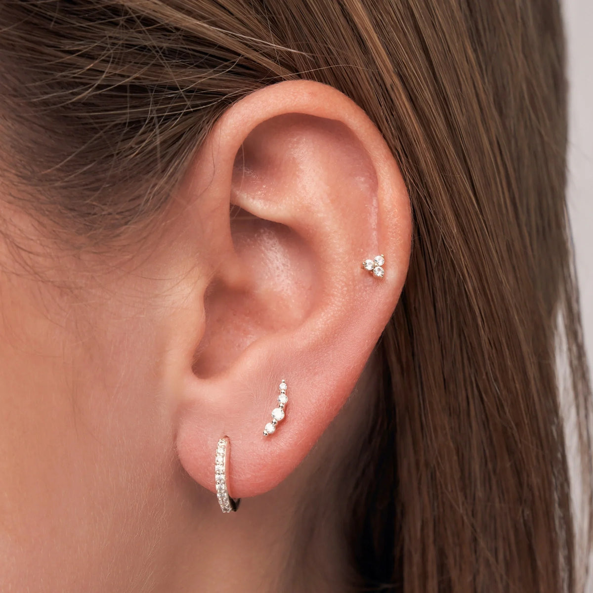 Silver Mini Ear Climber Diamond Style Stud Earrings