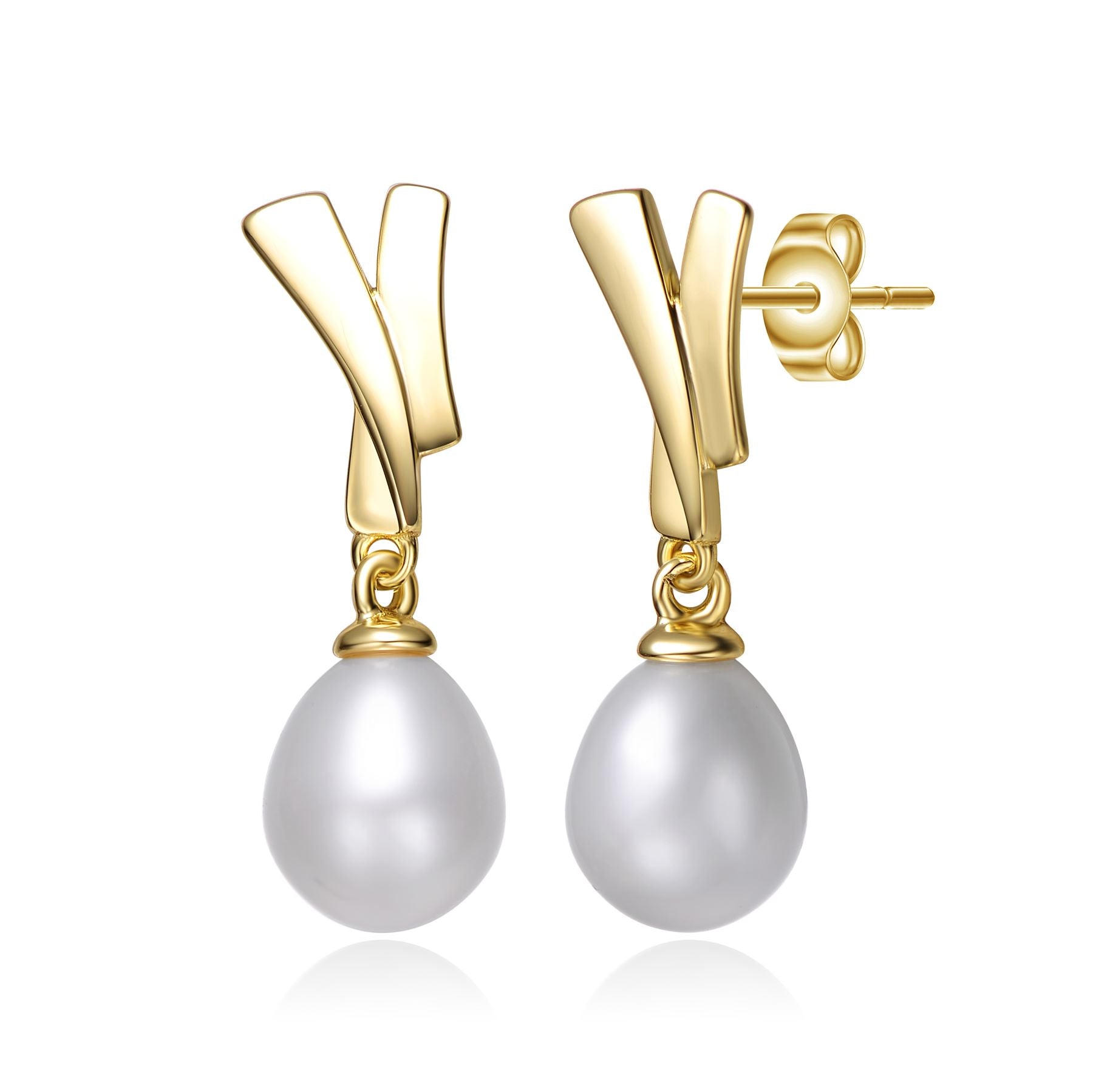 Sterling Silver 14k Yellow Gold Plated with White Pearl Double Drop Seashell Dangle Earrings