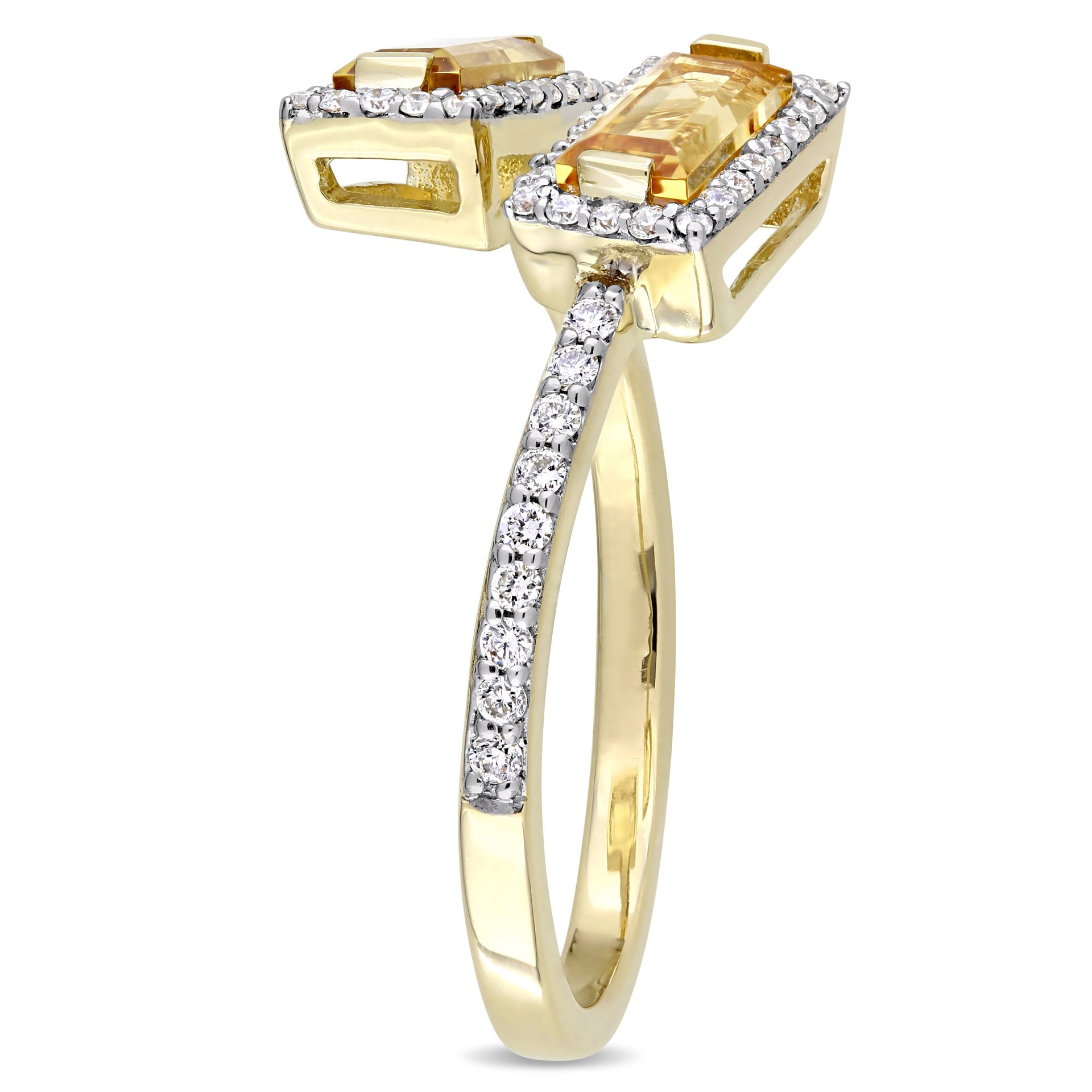 3/4 CT TGW Baguette Cut Citrine and 1/4 CT TW Diamond Open Ring in 14k Yellow Gold