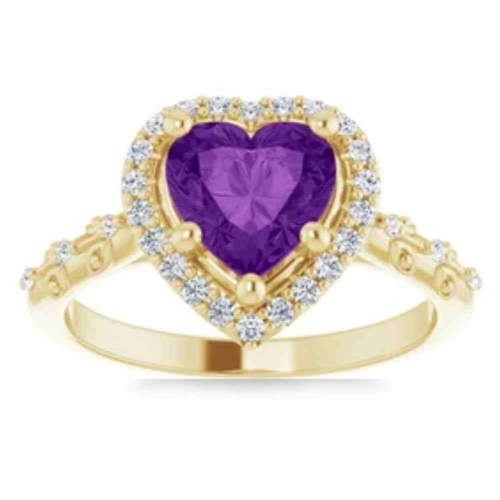 7mm Amethyst Halo Diamond Heart Shape Accent Ring in 14k White or Yellow Gold