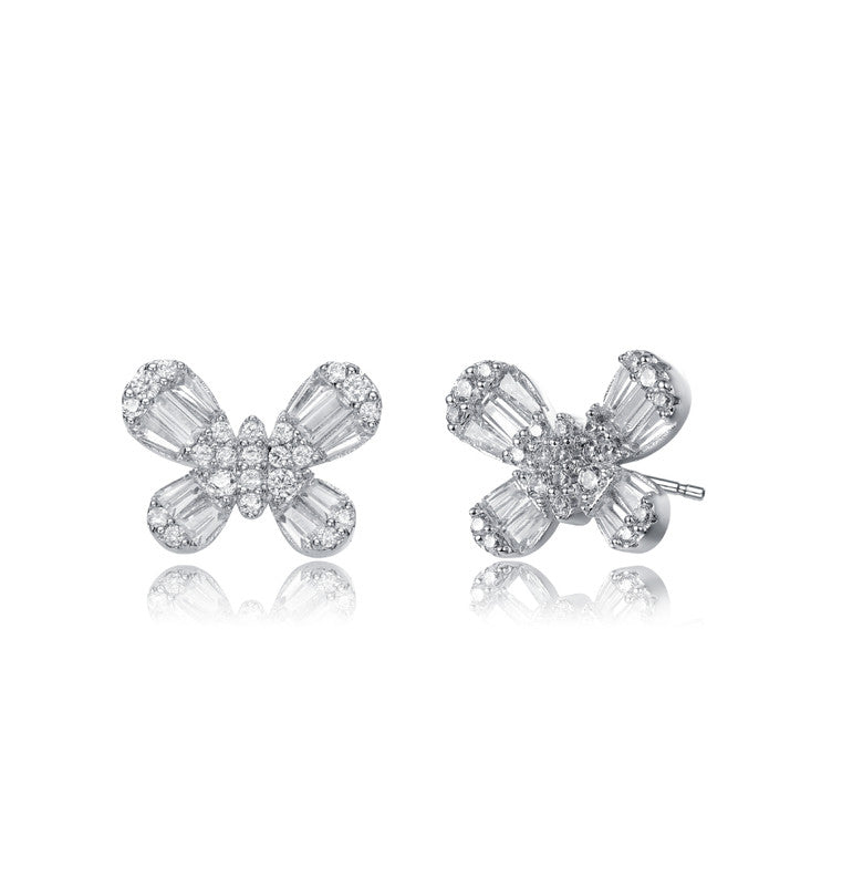 Sterling Silver With Colored Baguette Cubic Zirconia Butterfly Stud Earrings