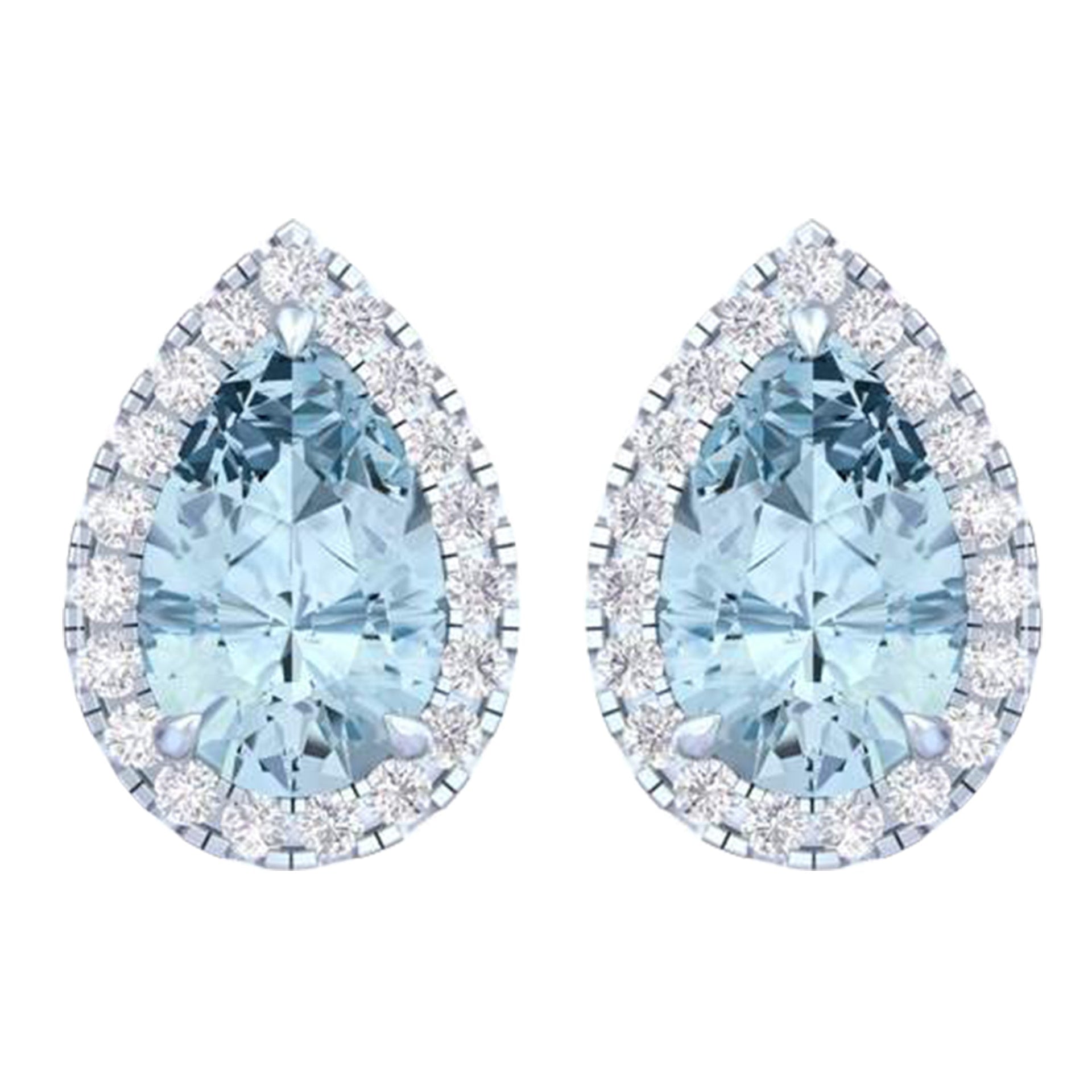 14k White Gold Vivid Blue Pear Cut 4 CT Lab-grown Diamond Halo Stud Earrings