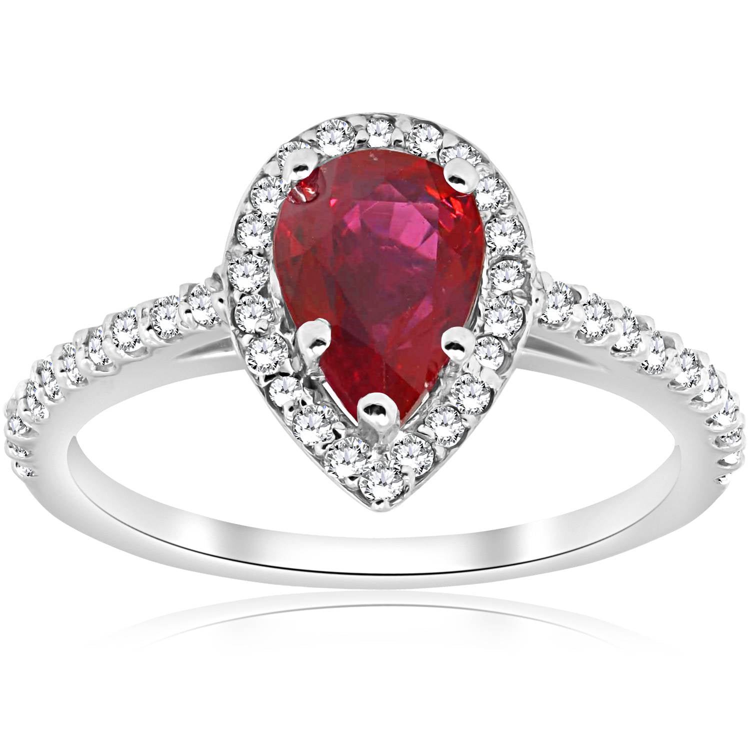 1 1/2 CT Pear Shaped Ruby & Diamond Halo Ring 14K White Gold