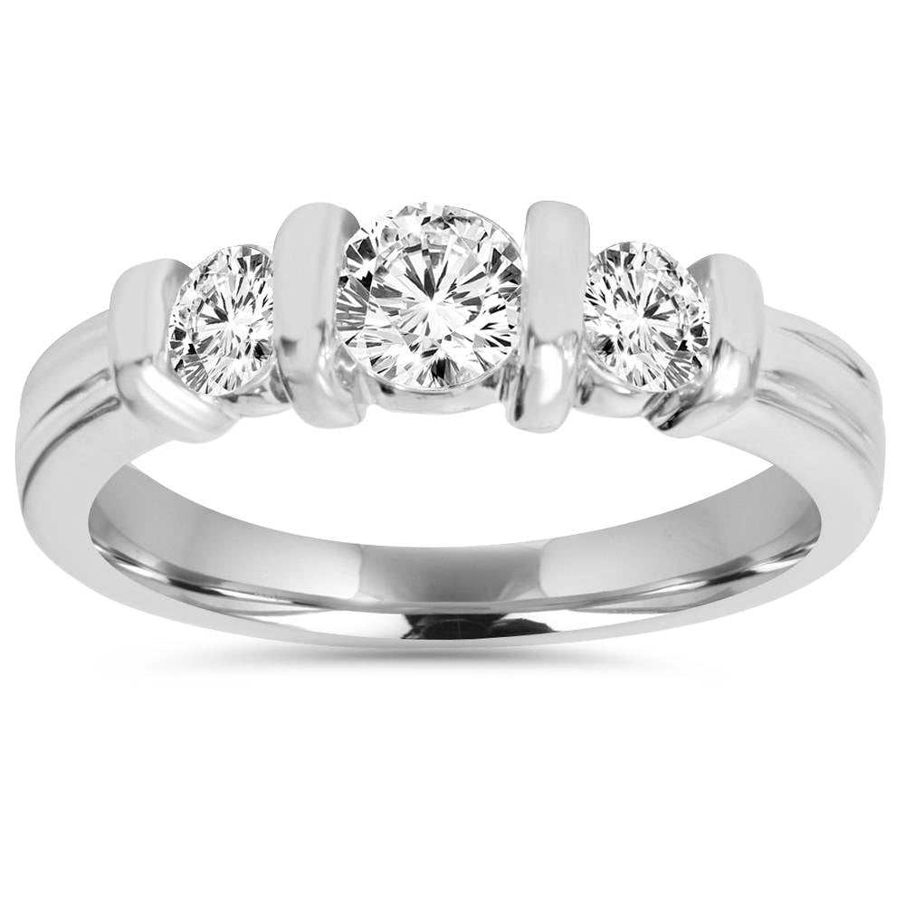 1 Cttw 3-Stone Natural Diamond Engagement Ring Bar Set 10K White Gold Band