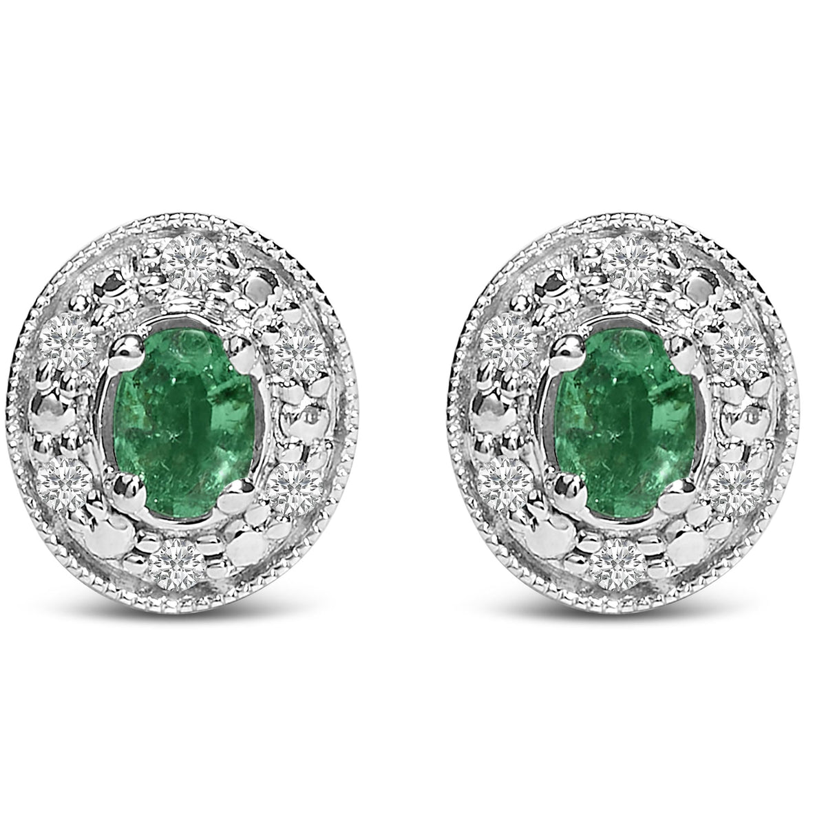 14K White Gold Oval Green Emerald and 1/10 Cttw Diamond Halo Stud Earrings (I-J Color, I1-I2 Clarity)