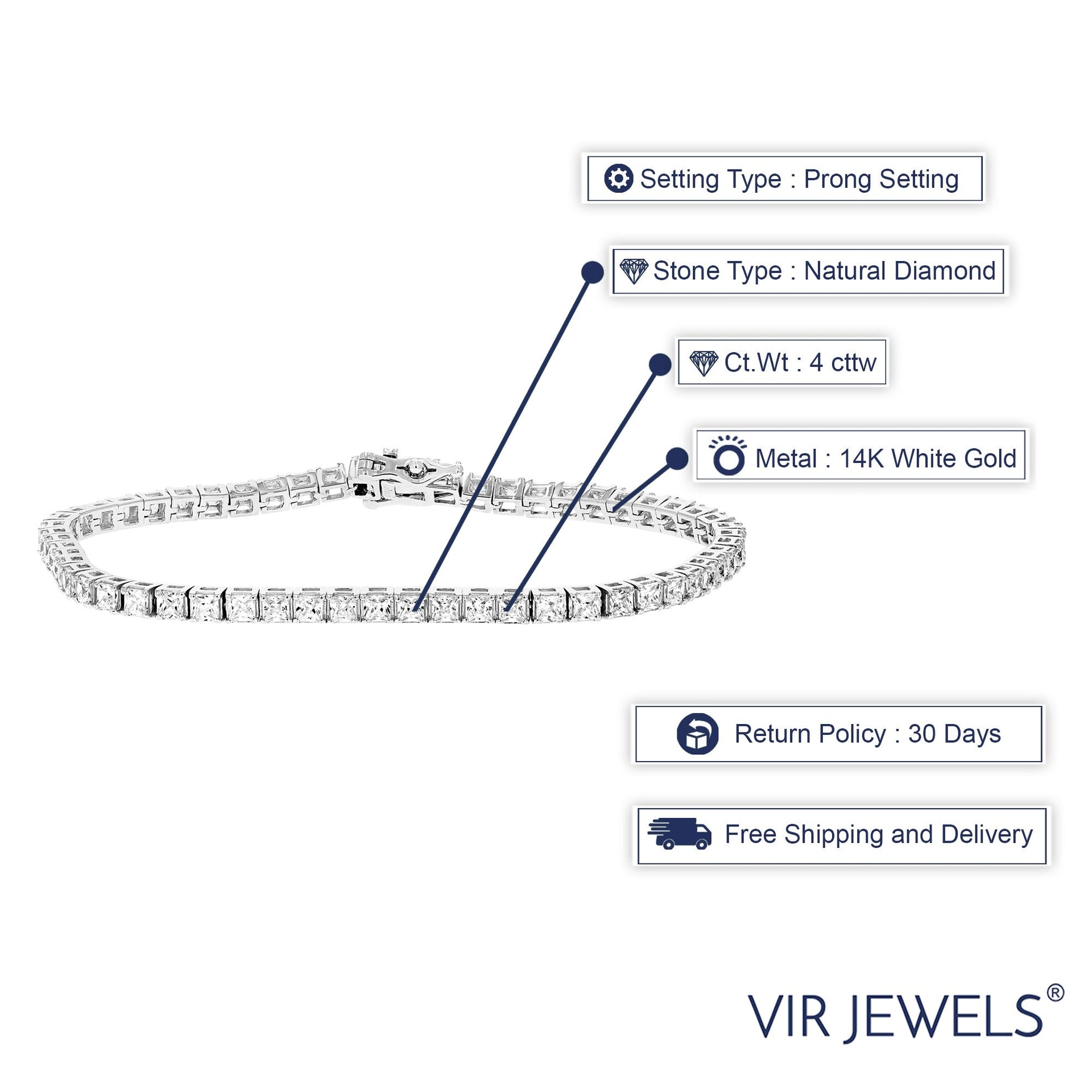 4 cttw SI2-I1 Princess Diamond Tennis Bracelet 14K White Gold 7 Inches Square