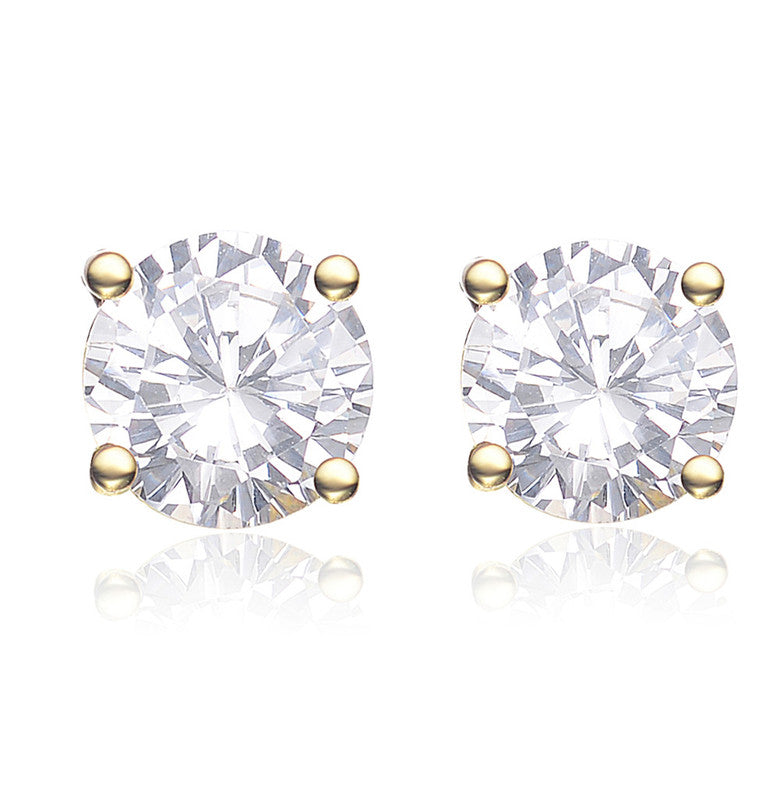 Sterling Silver Gold Plated Cubic Zirconia Solitaire Stud Earrings