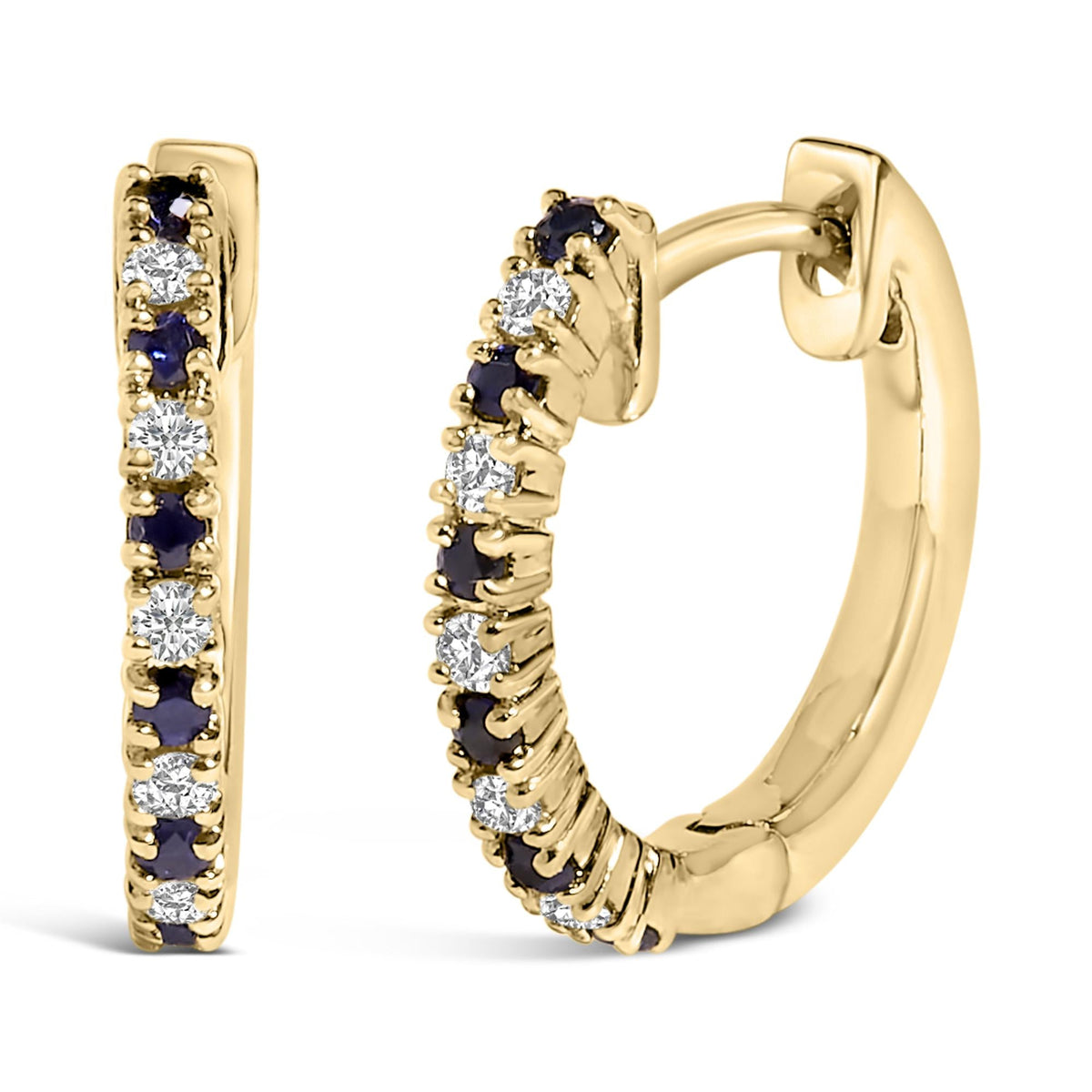 10K Yellow Gold Alternating Blue Sapphire 1/10 Cttw Diamond Huggy Hoop Earrings (I-J Color, I1-I2 Clarity)