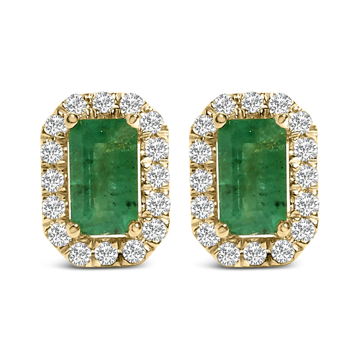 14K Yellow Gold Green Emerald and 1/8 Cttw Diamond Halo Octagonal Shaped Stud Earrings (I-J Color, I1-I2 Clarity)