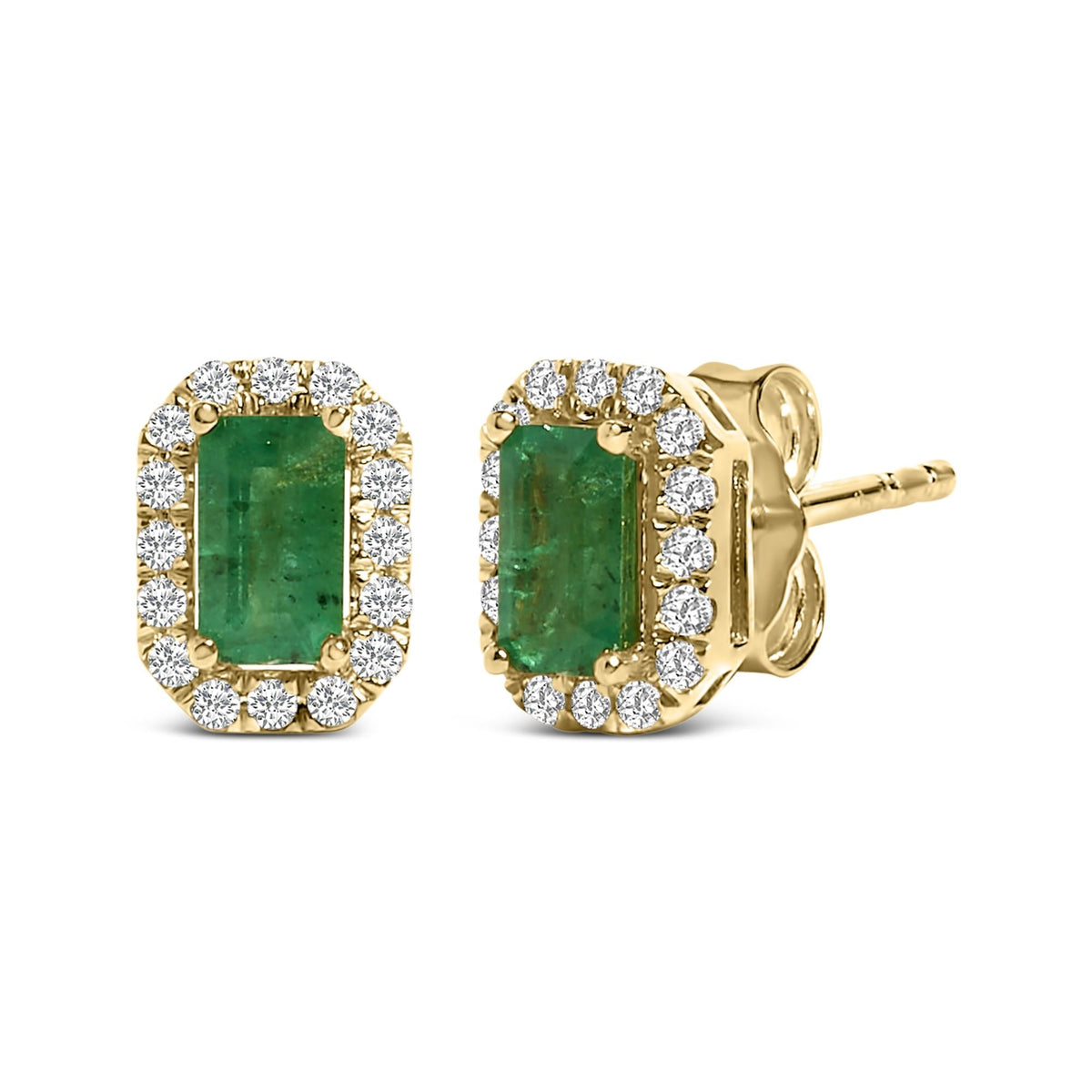 14K Yellow Gold Green Emerald and 1/8 Cttw Diamond Halo Octagonal Shaped Stud Earrings (I-J Color, I1-I2 Clarity)