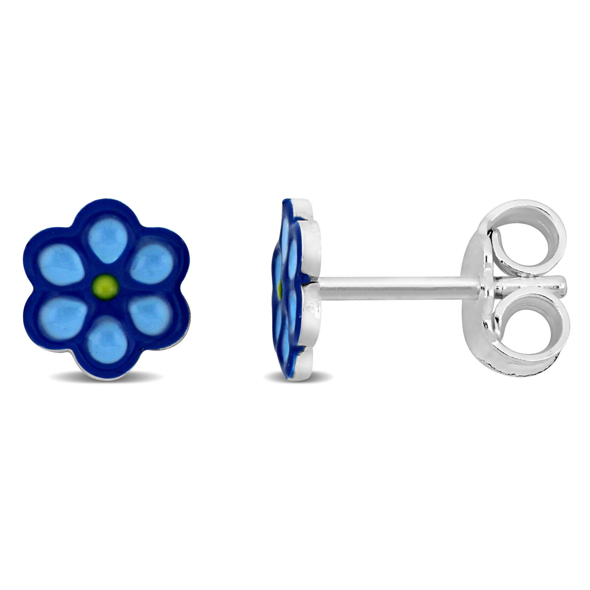 Mimi & Max Blue Enamel Flower Stud Earrings in Sterling Silver