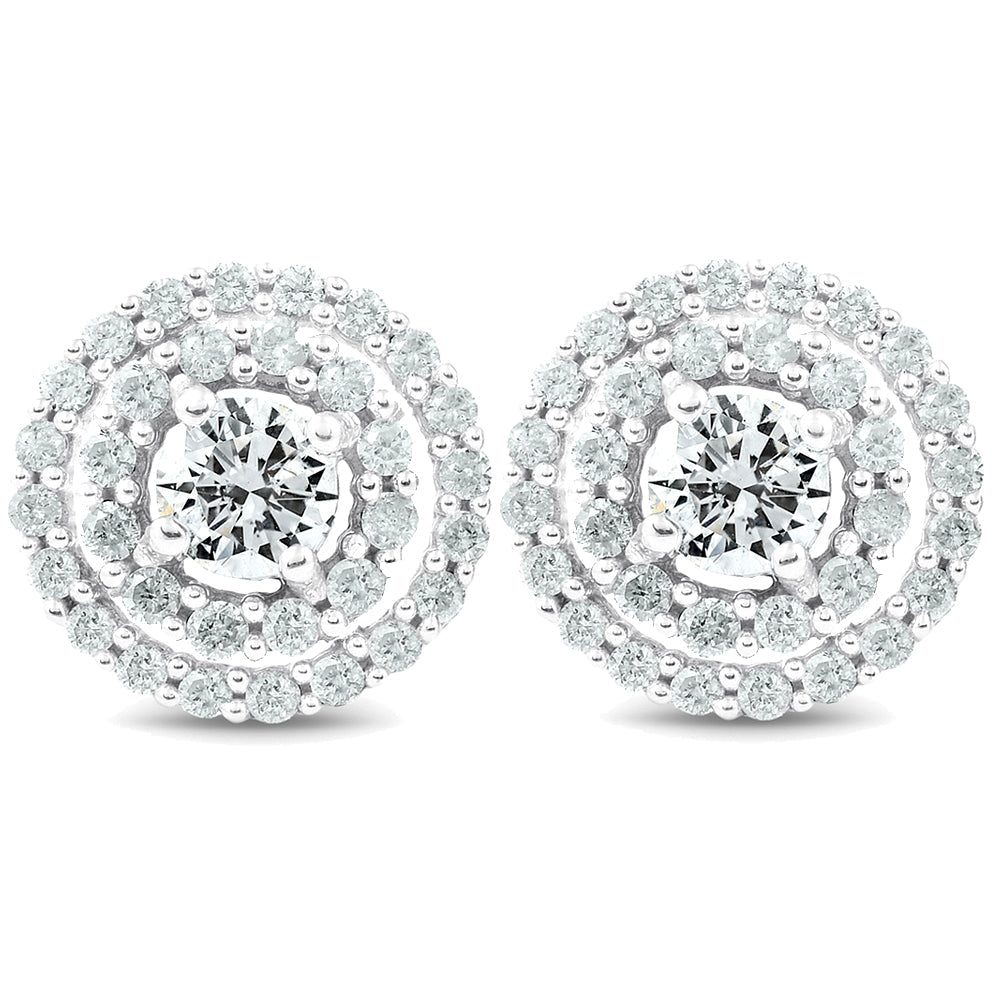 1Ct Diamond Double Halo Studs Screw Back Women's Earrings White Gold 10.2MM