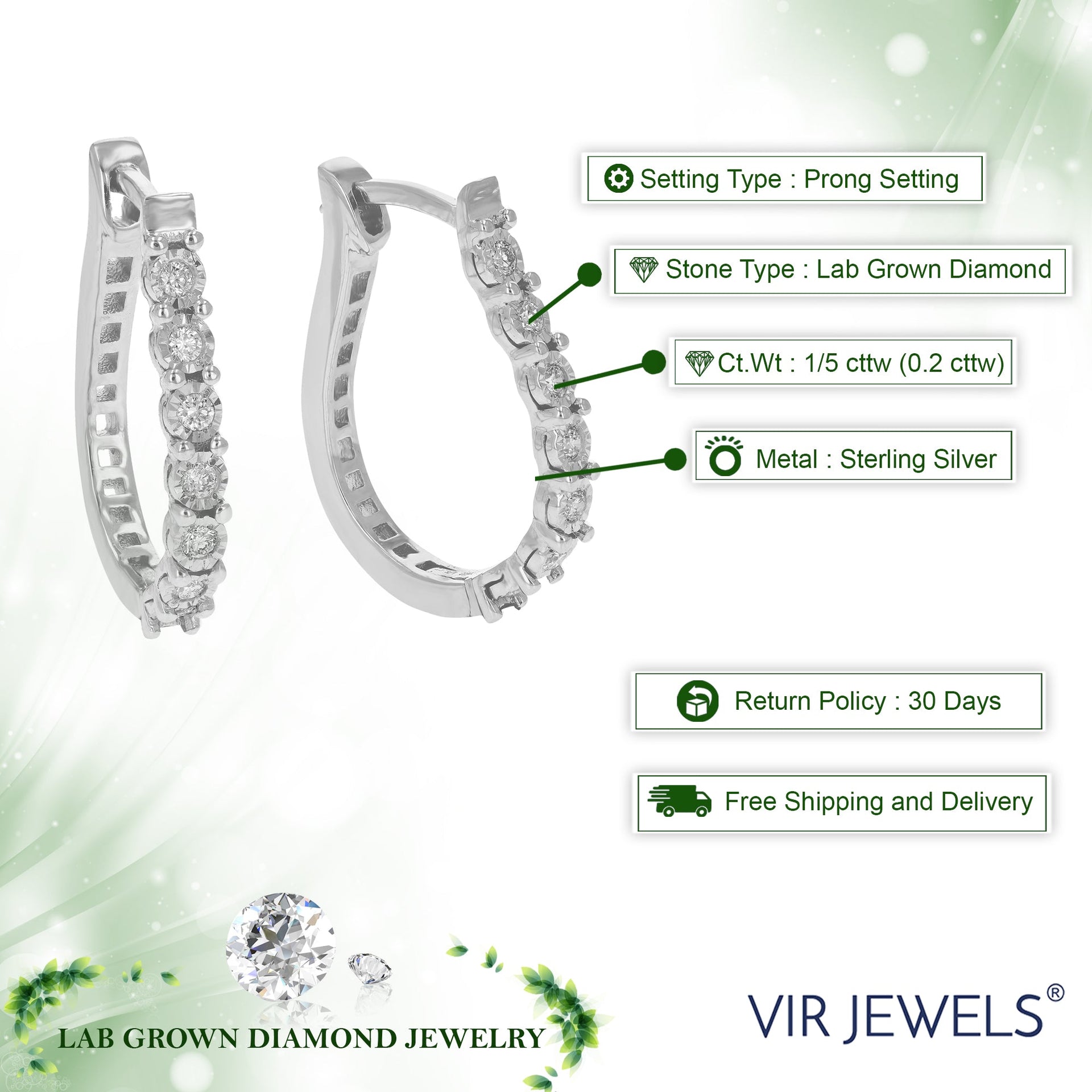 1/5 cttw Round Lab Grown Diamond Hoop earrings crafted in .925 Sterling Silver with Prong Setting