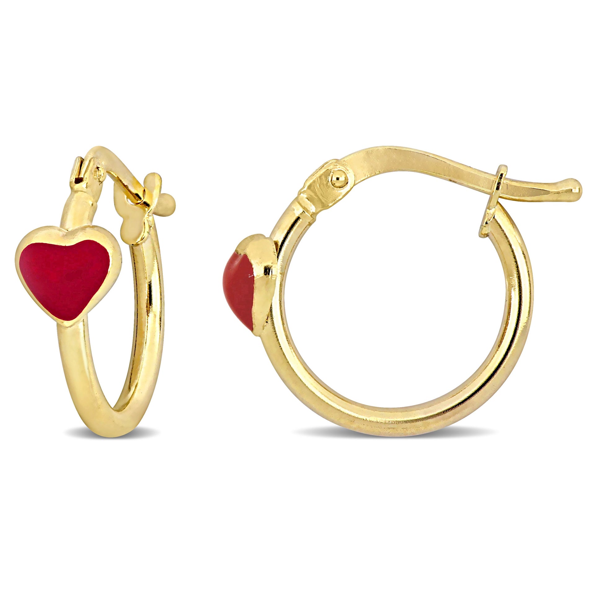 Mimi & Max 15mm Red Enamel Heart Hoop Earrings in 14k Yellow Gold