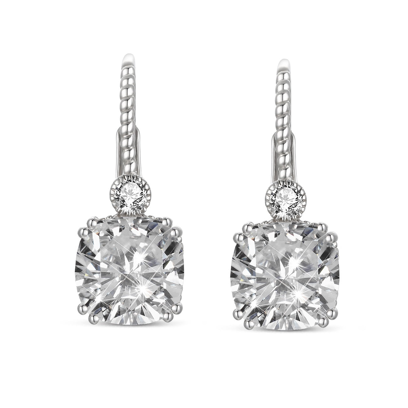 Sterling Silver White Gold Plating with Clear Cubic Zirconia Leverback Drop Earrings