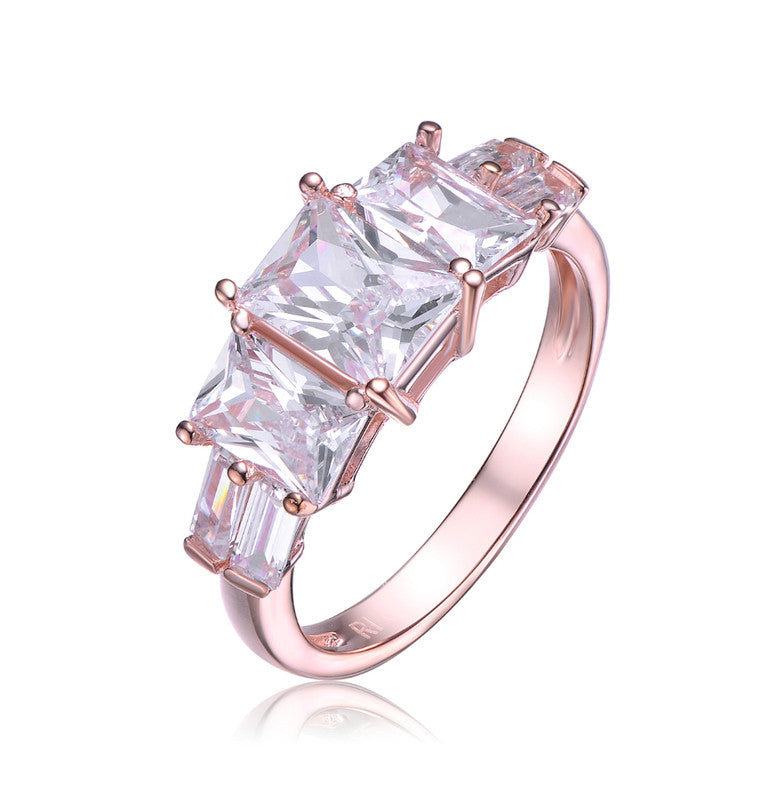 GENEVIVE Sterling Silver Rose Gold Plated Cubic Zirconia Three Stone Engagement Ring