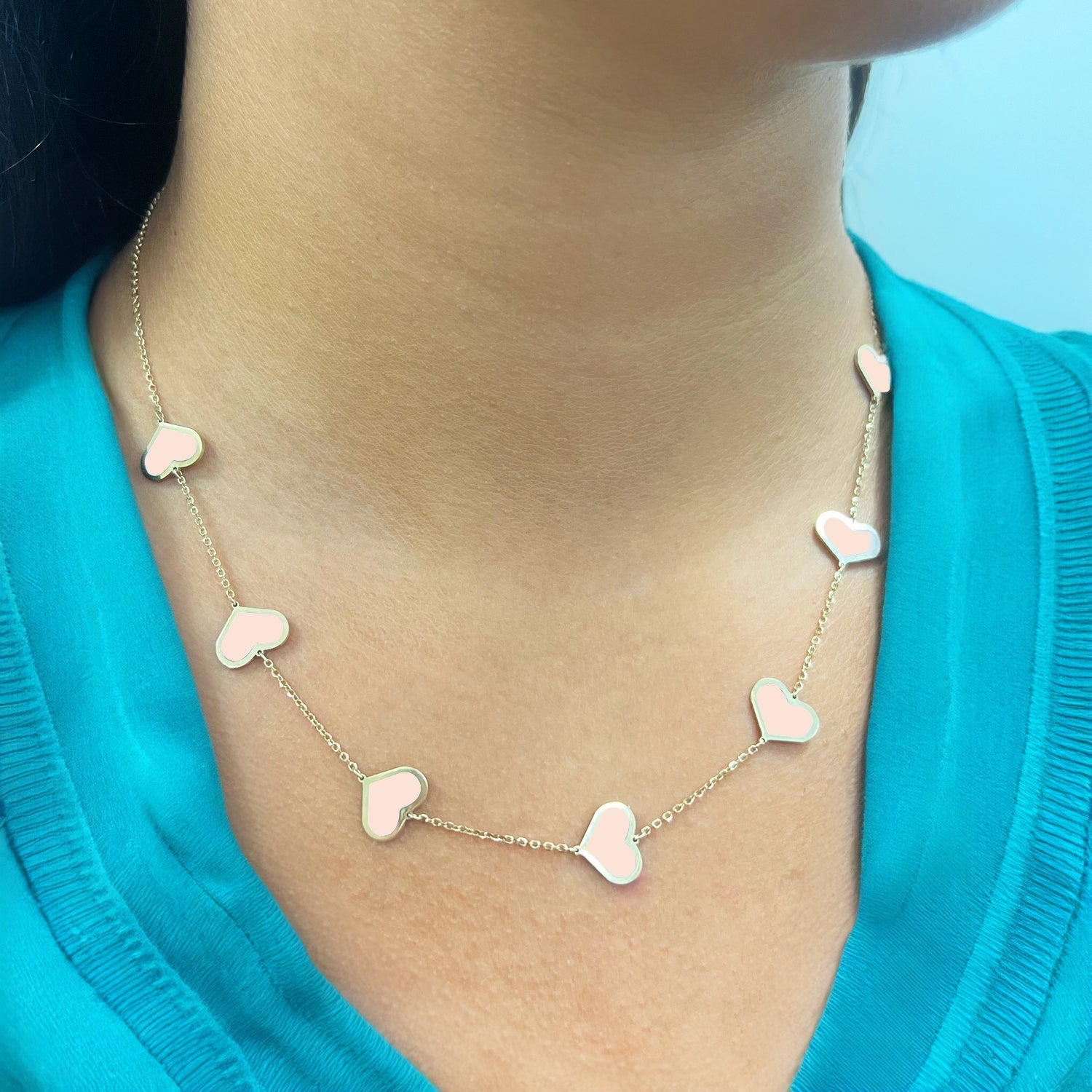 Large Pink Pearl Heart Station Necklace