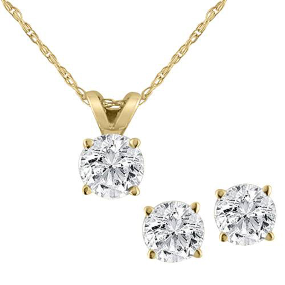 14K Yellow Gold 1.00 Ct Diamond Pendant and Earring Set with 18' Chain