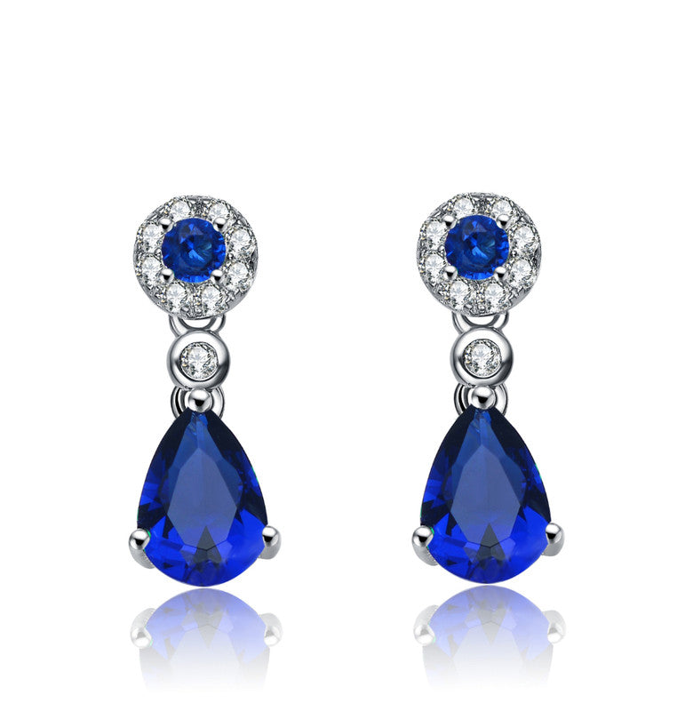 Genevive Jewelry Sterling Silver Sapphire Cubic Zirconia Halo Drop Earrings