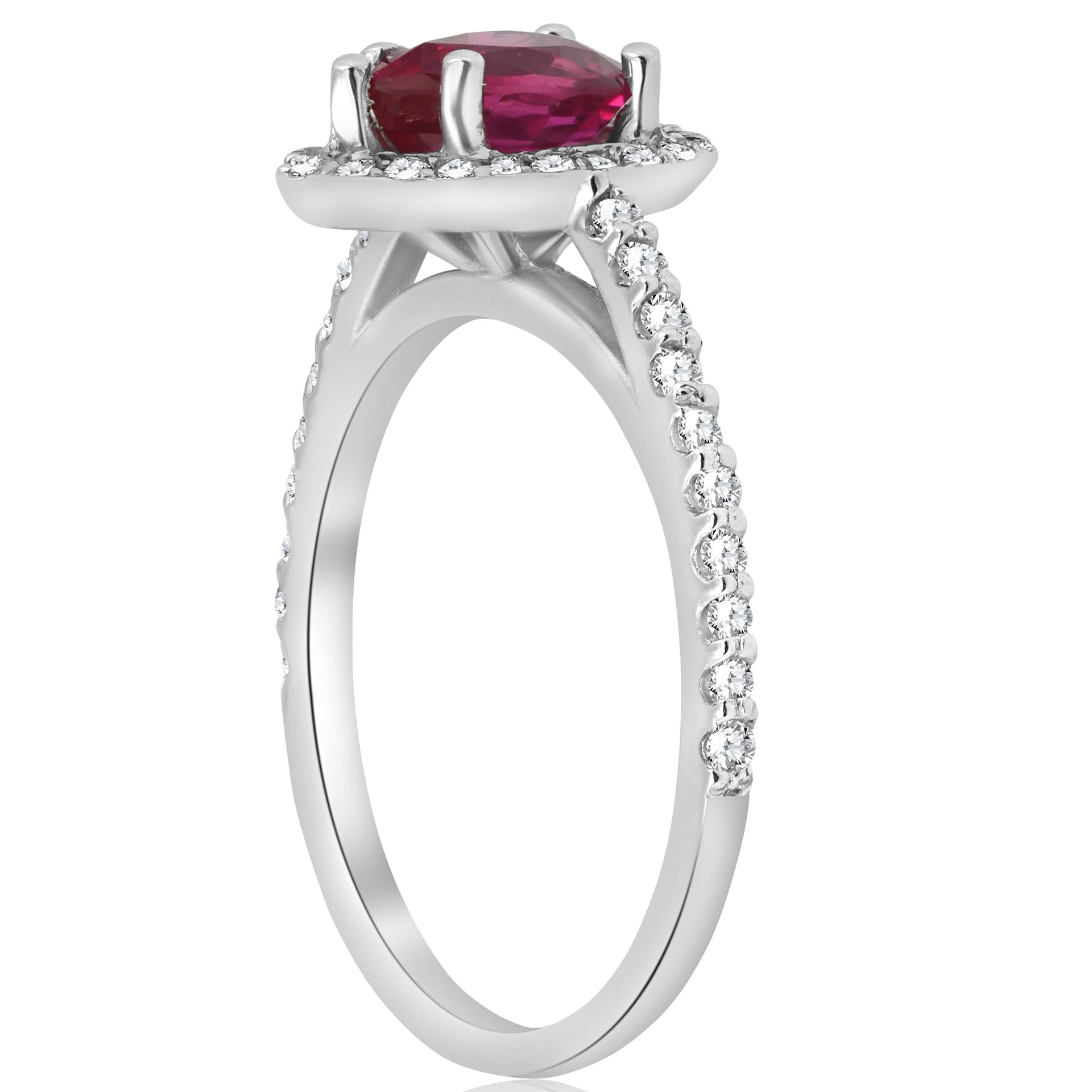 1 1/2 CT Pear Shaped Ruby & Diamond Halo Ring 14K White Gold