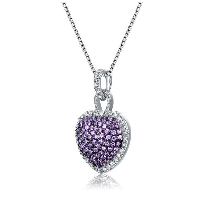 Sterling Silver Purple Cubic Zirconia Pave Heart Necklace