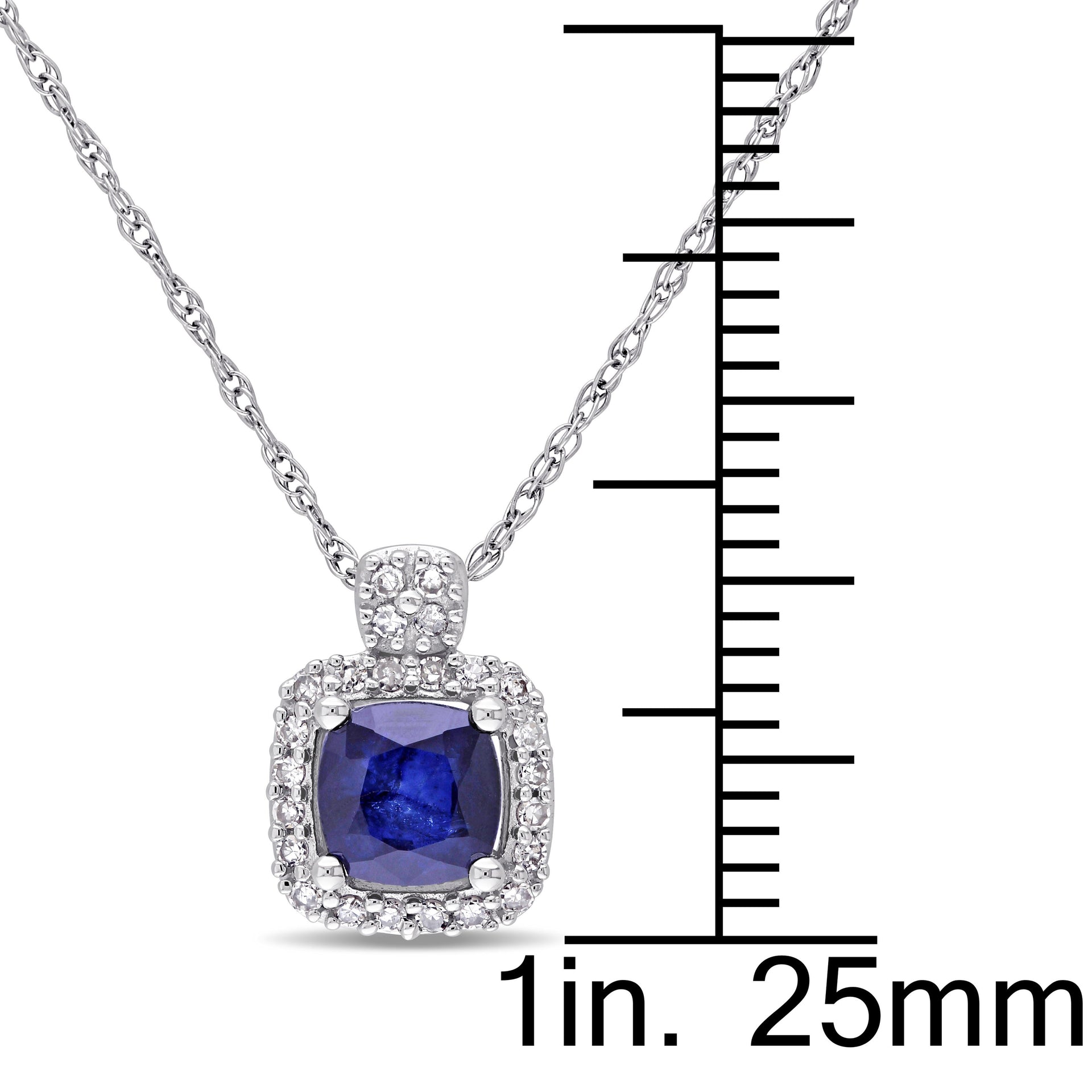 1/10 CT TW Halo Diamond and Cushion Cut Diffused Sapphire Pendant with Chain in 10K White Gold