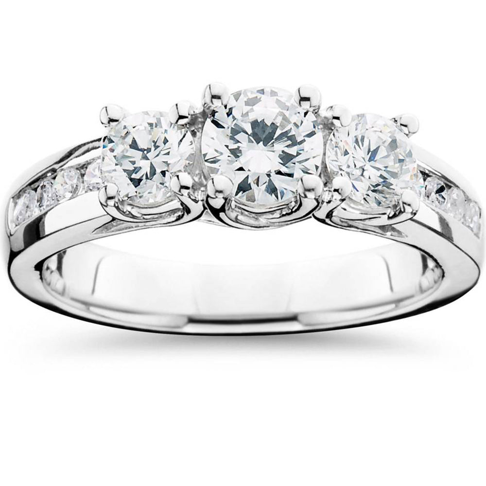 1 3/4CT 3 Stone Diamond Engagement Ring 14K White Gold