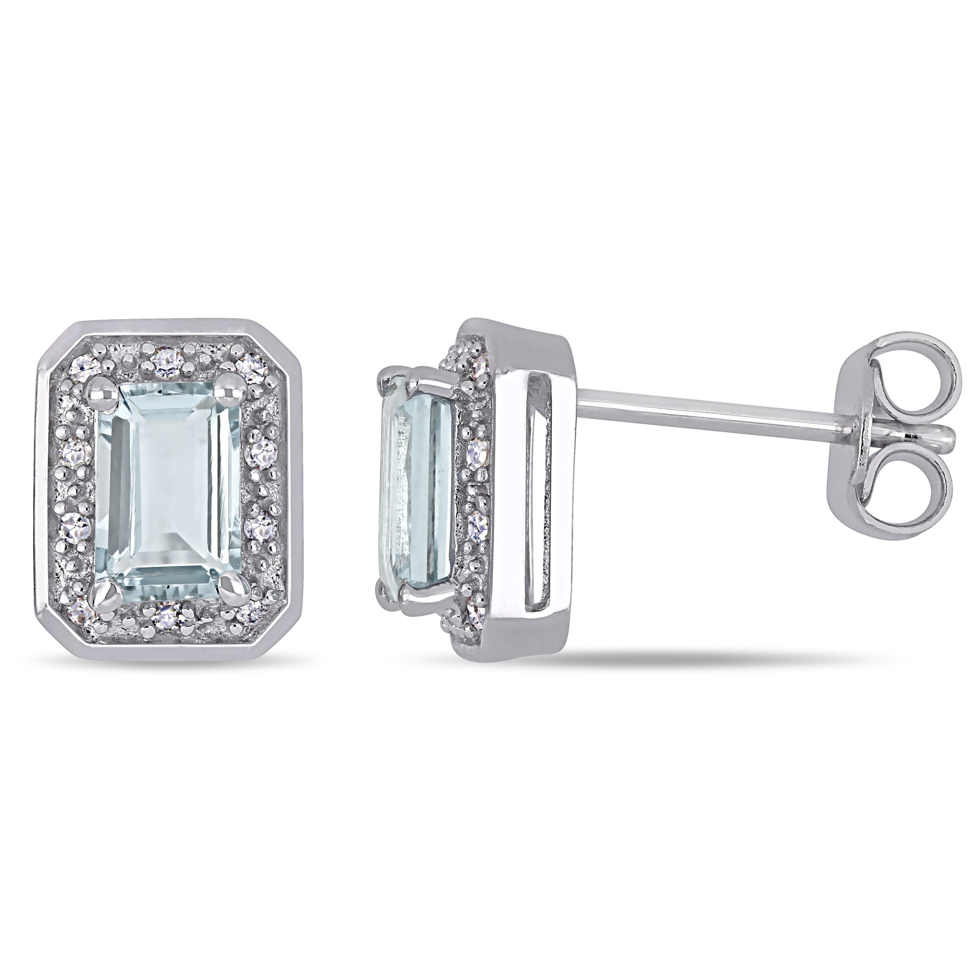Mimi & Max 1/10ct TW Diamond and Emerald Cut Aquamarine Halo Earrings in Sterling Silver
