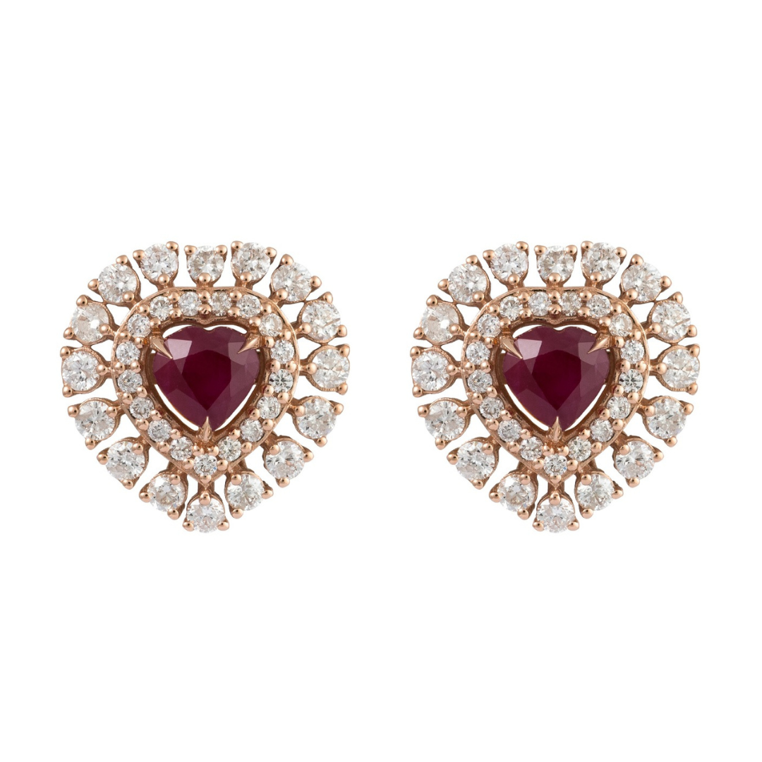 Gold Diamond Ruby Heart Earrings