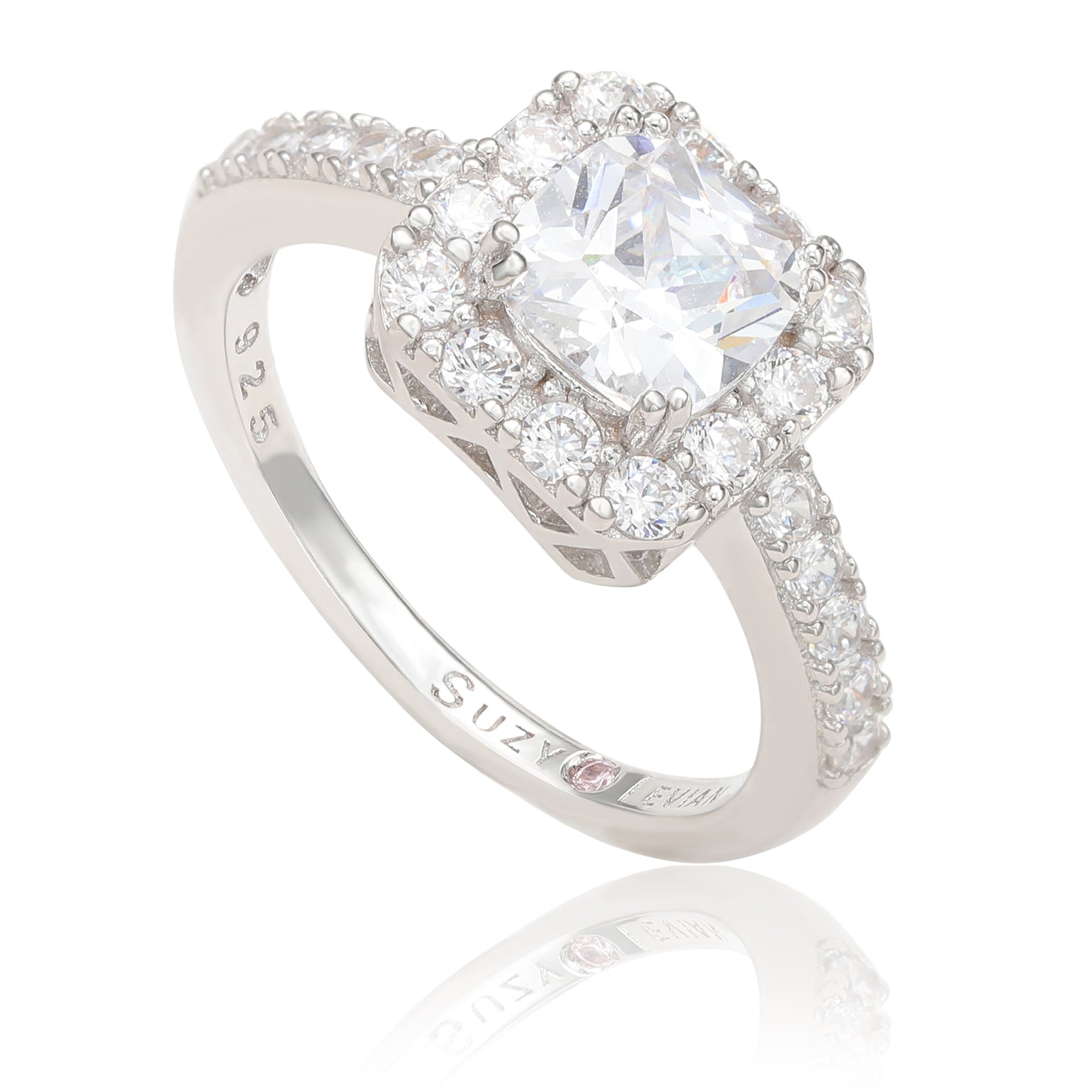 Suzy Levian Sterling Silver Emerald Cut Cubic Zirconia Halo Engagement Ring